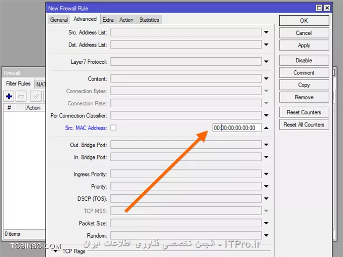سلام دوست عزیز . شما از دو طریق میتوانید مک آدرس ها را فیلتر کنید . روشن اول در میکروتیک این است که فرض کنید که پورت های LAN و WAN در یک Bridge قرار دارند . حال بر روی Bridge کلیک کنید و وارد تب Filter شوید و مانند تصویر زیر عمل کنید  :
1- بر روی Bridge filter Rule کلیک کنید و از تب Generalو قسمت Src . Mac Address مک آدرس مورد نیاز را نوشته و در نهایت در تب Action  باید Drop را انتخاب نمائید .
||http://network.tosinso.com/files/get/2f536056-d237-4dd8-99e3-20d6b104a0bf||


روش دوم در میکروتیک از طریق IP و Firewall سپس Filter Rule می باشد که مانند تصویر زیر میتوانید مک های مورد نیاز را بلاگ نمائید :
1- بر روی New Filter Rule کنید کنید . از تب Advanced و Src .Mac Address مک مورد نیاز را نوشته و ااز تب Action باید Drop را انتخاب کنید .
||http://network.tosinso.com/files/get/f914c025-c46c-4d1a-8b2e-a5f5e89d52ca||


دقت کنید که با Chain های مختلف نتایج مختلف بدست خواهد امد .... 