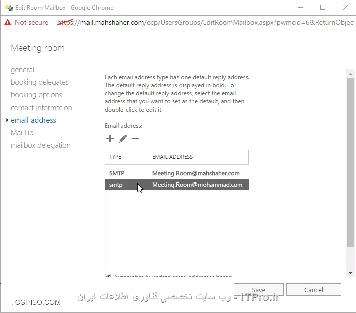 یکی از قابلیت جالب Exchange 2010 به بعد اضافه کردن resource های سازمان به عنوان یک Mailbox و رزرو کردن انها می باشد. فرض کنید چندین سالن و لابی در سازمان وجود دارد که برای جلسات مسئولین برای نون بری چند بدبخت فلک زده (که غیر از خدا کسی را ندارند) ایجاده شده است. در شرایط معمول رزرو کردن چنین جاهای با منشی یا کشیک مربوطه می باشد ولی شما با نصب Exchange در سازمان می توانید تمام جلسات و قرار ملاقاتها را بصورت اتوماتیک و شیک توسط Exchange و Outlook on the web and Microsoft outlook ایجاد و مدیریت کنید.یکی از Recipient های اکسچنج با نام Room mailbox وجود دارد که با استفاده از آن می توان سالن ها و اتاقهای جلسات را به این Recipient اختصاص داد و آن را برای جلسات نون بری :) رزرو کرد.برای ایجاد چنین قابلیتی اولین قدم ایجاد یک room mailbox می باشد. 
||http://tosinso.com/files/get/bfead578-da2f-482d-b329-6ef6f77ab843||
||http://tosinso.com/files/get/03c15c4d-ba4f-4c1d-b4fd-8538d2c15198||
می توانید اطلاعات تکمیلی و ظرفیت این اتاق و بقیه پارامترها را مشخص کنید.
نکته: Room mailbox مانند بقیه Recipientهای می باشد و یک User در ADایجاد می کند با این تفاوت که User ایجاد شده بصورت Disabled می باشد.
بعد از ایجاد شدن می توانید تنظیمات را آن ویرایش کنید:
||http://tosinso.com/files/get/be7e9498-9ecf-4b36-9478-c3a821335bce||
در قسمت بالا می توانید تعین کنید خود room mailbox درخواست متینگ ها را کنترول کند یا این وظیفه را به شخص دیگری واگذر کند.
||http://tosinso.com/files/get/3663ef31-8e33-440d-b636-be56167faf85||
در این قسمت تنظیماتی چون مدت زمانی که می توان یک سالن را رزرو  کرد و ایا این قرار ملاقات در ساعات اداری برگذار شود یا خیر... وجود دارد.
||http://tosinso.com/files/get/f91f8021-4090-4ecd-b0a5-3f42719c510f||
در این قسمت می توان یک SMTP Domain برای این نوع میل باکس درنظر گرفت. الان فرض کنید مدیر IT یک سازمان می خواهد یک جلسه با مدیریت و بخش های دیگری برگذار کند می تواند به راحتی در نرم افزار Outlook یا اینترفیس های دیگر در قسمت calendar یک new appointment ایجاد کند:
||http://tosinso.com/files/get/74664cd5-d915-42c1-83b8-6de86f6f4ffd||
||http://tosinso.com/files/get/733e6482-f232-4e08-bf8d-d0358a07e9fe||
بعد از مشخص کردن موضوع دعوت نامه گذینه مشخص را کلیک کنید:
||http://tosinso.com/files/get/e60cea23-98b7-4498-9bee-3924d1b045bb||
گروهی که میخواهیم این دعوت نامه را دریافت کنند را مشخص می کنیم و دکمه Rooms را کلیک تا سالن ملاقات را برای تاریخ مشخص رزرو کنیم
||http://tosinso.com/files/get/9a739cb0-6abb-4a9f-9e6c-41a0abb3e4a4||
بعد از اتمام دکمه Send را کلیک کنید تا دعوت نامه ارسال شود.اگر شما کنترول رزرو کردن این room را به کس دیگه ای واگذار کرده ید باید آن شخص این درخواست را تائید کند:
||http://tosinso.com/files/get/311be716-4f5d-4eed-b434-d5b58d6f9266||
بعد از تائید شدن درخواست مدیرانی که این درخواست برای آنها فرستاده شده باید این قرار ملاقات را تائید کنند.
||http://tosinso.com/files/get/11f95362-5212-4c8b-b962-af9f892338f7||
با تائید این درخواست یک notification  در Calendar کاربر ایجاد خواهد شد. 
||http://tosinso.com/files/get/2a3796b2-742e-4074-9671-274e9be23cfa||
در اینجا تنظیمات ما تمام شده است ولی یک مرحله دیگر باقی مانده است و آن هم فرهنگ سازی استفاده از این قابلیت هستش....... خدا می دونه چقدر طول میکشه. در آخر توصیه می کنم حتما فصل 16 کتاب Mastering Microsoft exchange server 2016 را برای اطلاعات بیشتر مطالعه کنید. 

نویسنده : احمد جهلولی
منبع : |جزیره سرویس های شبکه مایکروسافت وب سایت توسینسو::https://tosinso.com/microsoft|
هرگونه نشر و کپی برداری بدون ذکر منبع و نام نویسنده دارای اشکال اخلاقی می باشد 