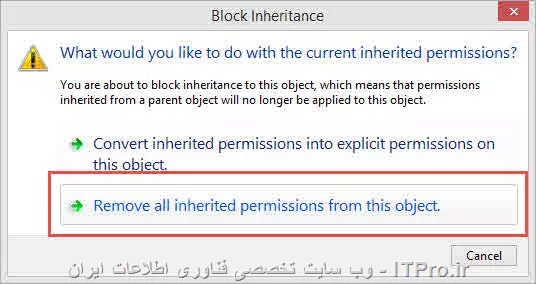 دلیلش اینه که Permissionها اصطلاحا Inherited هستند و به ارث میرن. یعنی اگر دسترسی رو روی یه پوشه Read بذاریم حتی بعد از این که Cutش هم کنیم و ببریمش جای دیگه باز دسترسی های قبلی رو داره. برای غیر فعال کردن این قابلیت مراحل زیر رو طی کنید:
<center>
||http://network.tosinso.com/files/get/bc2cd74a-0057-4103-b717-b359fd380239||
||http://network.tosinso.com/files/get/5c6cdc36-76ab-4507-bb58-93d8aece1a09||
||http://network.tosinso.com/files/get/f98976c2-722d-4993-bf78-e563cee12601||
||http://network.tosinso.com/files/get/7479f956-0d23-4ac9-ad29-01b2ed04247e||
<center>
