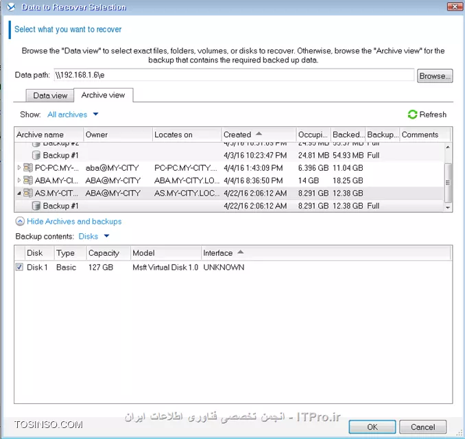 در این قسمت توضیح می دهیم چگونه از متد Single-pass backup استفاده کنیم تا در مواقع اضطراری بتوان داده ها یا کل سرور Active Directory را ریکاوری کرد.single-pass backup چیست؟ single-pass backup یا application-aware backup  یک نوع Disk-Level Backup هستش که شامل اطلاعات metadata سرویس AD می باشد. که اطلاعات مربوط به Active Directory را بوسیله سرویس VSS مایکروسافت Backup گیری می کند. بوسیله single-pass backup شما می توانید اطلاعات مربوط به AD  را ریستور کنید بدون نیاز به ریکاوری کردن کل سرور AD.

* نکته: Single-pass backup برای ماشین های که SQL Server, SharePoint Server and Active Directory را اجرا می کنند مورد استفاده قرار می گیرد.
* نکته: Single-pass backup برای Exchange Server استفاده نمی شود.
* نکته: برای استفاده از Single-pass backup شما باید Agent for Active Directory را بر روی سرور Active Directory نصب کنید.

!! Install Agent for Active Directory 
--
Agent for Active Directory می تواند بر روی OSهای زیر نصب شود:
||http://tosinso.com/files/get/c62bc273-8485-43d1-b888-9e8cd645950b||
نکته: اگر قبلا Agent for Windows را بر روی AD نصب کرده باشید. با نصب Agent for Active Directory این Agent بصورت Add-On به Agent for Windows اضافه خواهد شد.
نکته: Agent for Active Directory را نمی توان بصورت remote نصب کرد.
برای نصب Agent for Active Directory ستاپ Acronis را بر روی AD اجرا کنید و در پنجره زیر:
||http://tosinso.com/files/get/ea981b4d-f97a-41a3-82c8-3c802777cad7||
گذینه بالا را انتخاب کنید. و تا اخر Wizard را پیش برید و این agent را نصب کنید.

!! Active Directory Backup
--
بعد از انجام تنظیمات بالا نوبت به Backup گیری از AD می رسد. برای اینکار یک Backup Task ایجاد می کنیم.
در قسمت What to Backup پارتیشنهای که داده های Active Directory را نگه داری می کند را انتخاب می کنیم. 
اگر می خواهید Active Directory را در مواقعی که کلا از بین رفته Recovery کنید کل Volume ها یا کل دیسک را انتخاب کنید.
||http://tosinso.com/files/get/b4373db3-5c15-4f89-babd-5e600e4ec51d||
در قسمت بعدی باید محل ذخیره سازی فایلهای Backup را مشخص کنیم. همچنین باید Single-pass backup را فعال کنیم.
||http://tosinso.com/files/get/d0854a9c-6fd7-4c55-80f3-38f3ddac5441||
و زمانبندی Backup گیری را بصورت زیر تنظیم می کنم:
||http://tosinso.com/files/get/1be5b18e-476c-43e7-a956-c37157dd9ad1||
اگر آموزشهای قبلی را دنبال کرده اید تنظیمات بالا نیازی به توضیح نداره.
||http://tosinso.com/files/get/c66df829-6d7e-4f88-a627-80196561d0b7||
در قسمت Plan Parameters شما باید مطمئن شوید تنظیمات VSS بصورت زیر ست شده باشد:
||http://tosinso.com/files/get/b7617346-6f49-429a-baa5-e70368f7e344||
همچنین باید یک Credentialsی انتخاب کنید که عضو گروه Local Administrators سرور Active Directory باشد. که بصورت پیش فرض  قسمت  Plan's Credentials بر روی Acronis Services ست شده که از Credentials کاربری که Acronis Services را اجرا کرده استفاده می کند. این Credentials برای اجرای این Task استفاده میشه.
||http://tosinso.com/files/get/5d9c031f-311f-495b-b553-addcb22bd160||
بعد از انجام تنظیمات بالا OK کنید.
بعد از گذشتن زمانی که تعیین کرده اید Backup Task اجرا می شود.

!! Active Directory Recovery
--
ما به دو روش می توانیم AD را ریکاوری کنیم. در مرحله اول باید مشخص کرد که آیا کل سرور AD صدمه دیده یا اطلاعات آن؟؟؟؟
فرضا کل AD صدمه دیده و نمی تواند Boot کند که باز هم ریکاوری کردن AD بستگی به آن دارد که در ساختار غیر از این DC، DCهای دیگری وجود دارد یا نه؟؟؟
مثلا اگر یکی از DCها به کل نابود شد می توان با استفاده از متد |Restoring a Domain Controller Through Reinstallation::https://technet.microsoft.com/en-us/library/cc816620(v=ws.10).aspx| استفاده کنید و DC معیوب را به مدار برگردونید.
ولی اگر یک DC در ساختار دارید به راحتی می توانید بوسیله Bootable Media آنرا بوت کنید و Backup را ریستور کنید. (در آموزش های قبلی این روش را آموزش دادم)
||http://tosinso.com/files/get/f9a74a87-4a14-4c4e-a5bd-dbd37491eccc||
||http://tosinso.com/files/get/84cb3a77-1490-457c-a4f3-fb243b54c764||
||http://tosinso.com/files/get/3977222e-69f3-43db-bdd3-e70e76d810f0||
ولی اگر داده های خود Active Directory صدمه دیده باشد مثلا پوشه SYSVOL یا دیتابیس آن خراب شده است. باز هم ریکاوری کردن AD بستگی به این داره که در دومین چند DC وجود دارد؟؟؟ 
اگر بیش از یک DC در دومین وجود داشته باشد به دو روش می توانید AD را ریکاور کنید:
<ltr>
# Re-promoting the domain controller
# Single-pass backup
<ltr>
شما خیلی راحت می توانید از روش |Re-promoting the domain controller::http://www.tomshardware.com/faq/id-1946870/promote-windows-server-2012-domain-controller-part-prerequisites.html| استفاده کنید و اجازه بدید که AD بوسیله Replication خود را ریکاوری کند.
نکته: در این روش حواستون به رولهای FMSO باشه.
یا می توان از روش دوم استفاده کرد.
یک Recovery Task ایجاد کنید و اطلاعات زیر را انتخاب کنید:
||http://tosinso.com/files/get/f2a5c17d-4116-4fc1-8046-6a1d41ddd301||
و لینک زیر را انتخاب کنید:
||http://tosinso.com/files/get/ff1d0823-6f10-4b1f-b54f-ed9561570a16||
باید مسیری برای Extract کردن اطلاعات بر روی سرور AD انتخاب کنید:
||http://tosinso.com/files/get/ef95ed3d-6c2d-4194-87bc-1e9c67b56dc2||
و در آخر OK کنید.
||http://tosinso.com/files/get/d348d180-2dc7-4051-8108-13036a125814||
اطلاعات بر روی AD ریستور شد. قدم بعدی باید این اطلاعات را Replace کنیم. برای اینکار به محیط Directory Services Restore mode لاگین کنید. 
بعد از وارد کردن پسورد DSRM Account فایلهای Extract شده را به محل اصلی Paste کنید:
||http://tosinso.com/files/get/82a9061e-7776-48b9-a6ec-e32ca2540467||
برای جلو گیری از USN Rollback حتما از VSS خود مایکروسافت استفاده کنید. حدالامکان Backupی را انتخاب کنید که کمترین فاصله زمانی بعد از وقوع Failure را داشته باشد. Backupی که ریستور می کنید نباید قدیمی تر از tombstone life باشد. و بقیه پارامترها که همه از آن اطلاع دارند.
نکته: Acronis برای ریستور کردن ایتم های AD بصورت انفرادی از ابزار Ntdsutil استفاده می کنه. 
Acronis کلا برای اینکار سه روش داره:
||http://tosinso.com/files/get/69494182-96b8-43e6-a21e-7d94d2cf19cd||
توی منابع Acronis هر چی گشتم متدی غیر از متدهای بالا برای Restoring Accidentally Delete Information پیدا نکردم. اگر اینطور باشه واقعا Acronis Backup Advanced قابل مقایسه با Symantec Backup Exec نیست.... در تصویر زیر اطلاعاتی که Backup Exec میتواند بصورت انفرادی ریستور کند را مشاهده می کنید.
||http://tosinso.com/files/get/bdcaf015-2b40-404a-91ec-b5270ede8455||
در پایان این سلسله های آموزشی باید عرض کنم که Acronis قابلیتهای زیادی دیگری هم دارد که وقت نشد همه آنها را در این سری آموزش توضیح و آموزش بدم. 
شما می توانید با Acronis از Exchange, SharePoint, SQL و hypervisorهای همچون VMware and Hyper-V بکاپ بگیرید و در Bad Event آنها را ریکاور کنید. 
در لینک زیر می توانید به تمام E-Book های شرکت Acronis که برای محصولات خود ایجاد کرده دسترسی داشته باشید. 
<c#>
http://www.acronis.com/en-us/support/documentation/
<c#>

موفق پیروز باشید.

نویسنده: احمد جهلولی 
منبع: |جزیره راهکارهای ذخیره سازی اطلاعات وب سایت توسینسو ::https://tosinso.com/virtualization|
نشر و کپی برداری، صرفاً با ذکر نام نویسنده و منبع مجاز می باشد. 