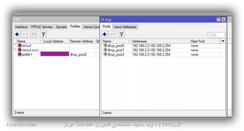این مرحله رو انجام دادم اما نمیدونم چرا قسمت remote address که میخواستم pool انتخاب کنم سه تا گزینه بود. من آخری dhcp_pool2 رو انتخاب کردم. از قسمت pool هم عکس گرفتم

قسمت local address آیپی ثابت اینترنت رو نوشتم

||https://hardware.tosinso.com/files/get/bb467a21-286d-41de-a905-499c6d4e7727||

||https://hardware.tosinso.com/files/get/1f32b3fc-1f29-45b9-8e2f-d821663f5b75||

||https://hardware.tosinso.com/files/get/f9ad2507-c5c4-4ced-8417-4810fc347d17||


