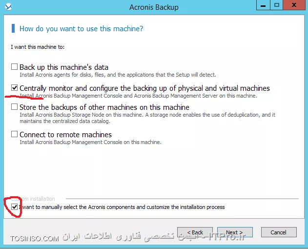 در ادامه بحث Backup گیری در خدمت شما دوستان عزیز هستیم.در این اینجا قصد دارم مباحث و عملکرد Acronis Backup Advanced را در شبکه های امروزی را بصورت چند آموزش از نصب آن تا دیگر ویژگی های آن را آموزش دهم.کلا  علاوه بر Acronis true image دو نسخه دیگر مخصوص همین کمپانی برای بک اپ گیری وجود دارد:
<ltr>
* Acronis backup
* Acronis backup advanced
<ltr>
گذینه اول برای استفاده بر روی یک Node ایجاد شده و تمام نیازهای که برای بک اپ گیری به آن نیاز داریم را براورده می کند. ولی گذینه دوم بصورت Server/Client می باشد بدینصورت که شما کنسول مدیریتی آن را نصب می کنید و Components های آن را از یک نقطه مرکزی بر روی سرور و کلاینتها Deploy می کند.ویژگی های این دو نسخه را در جداول زیر ببنید
||http://tosinso.com/files/get/f1c867f0-21f7-411e-a02e-84a6e62be172||
||http://tosinso.com/files/get/a304cbb7-6a96-4f17-bfaa-626c15243b28||

!اجزای Acronis backup advanced :
--
 Agent for windows:
مثل هر برنامه ی دیگر مانند Backup Exec این برنامه برای Backup گیری کلاینتها و سرورها باید Agent مخصوص آن بر روی آن Node نصب شود. وقتی Agent را بر روی آن Node نصب کنید می توانید کارهای زیر را انجام دهید:
<ltr>
•	Disk Backup
•	File Backup
•	Conversion to a virtual machine
•	Disk Management
<ltr>
Agent for Linux :
مانند مورد قبلی می باشد. وقتی Agent را بر روی آن Node نصب کنید می توانید کارهای زیر را انجام دهید:
<ltr>
•	Disk Backup
•	File Backup
•	Conversion to a virtual machine
<ltr>
Agent for VMware:
Acronis backup advanced را قادر می سازد بدون نصب Agent بر روی  Guest از VM بک اپ تهیه کنید و آن را ریکاور کنید. این روش به agent-less backup or backup at a hypervisor level معروفه.

Agent for Hyper-V :
دقیقا مانند مورد قبلی می باشد.

Agent for Exchange:
بوسیله Agent فوق می توانید از Database and Mailbox اکسچنج بک آپ تهیه کنید و در مواقع اضطراری آنها را ریکاور کنید.این Agent از VSS خود ویندوز برای پروسه Backupگیری استفاده می کند.خیلی خیلی تاکید می کنم به مبحث VSS ویندوز و روش کار آن تسلط پیدا کنید. این امر برای هر Administrator الازمی و مهم می باشد. برای اطلاع بیشتر لینک زیر را مطالعه کنید:
<c#>
https://technet.microsoft.com/en-us/library/ee923636(v=ws.10).aspx
<c#>

Agent for SQL:
با نصب Agent بالا می توانید از دیتابیس SQL به دوصورت Backup تهیه کنید:
<ltr>
•	single-pass dis
•	application backups
<ltr>
این Agent نیز مانند Agent for Exchange از Microsoft VSS استفاده می کند. در نتیجه Logهای SQL بعد از اتمام Backup پاک می کند. (این قابلیت قابل تنظیمه)

Agent for Active Directory:
مانند دو Agent قبلی می باشد که باز هم از Microsoft VSS استفاده می کند.

Management Server:
یک سرور مرکزی می باشد که می تواند تمام عملیات Backupگیری و Recovery را از یک نقطه هندل کند.

Storage Node:
هدف ایجاد این رل ایجاد یک نقطه مرکزی برای ذخیره سازی Backupهای گرفته شده توسط Acronis backup advanced می باشد. استفاده از این قابلیت باعث انعطاف پذیری و پایداری در ذخیره سازی Backupها می شود و یکی از مهمترین عملکرد این قابلیت استفاده از deduplication of backups می باشد.این قابلیت می تواند از طریق Management Server مدیریت شود.

Components for Remote Installation:
Packageهای وجود دارد که باید بر روی Remote Machine نصب شود. این Package ها می توانند از طرق کنسول اکرونیس بصورت Local یا بوسیله Management Server بر روی Client/Server  نصب شود.

PXE Server:
شما بوسیله این قابلیت می توانید Client/Server را از طریق شبکه با Acronis Bootable Media بوت کنید و Take مورد نظر خود را انجام دهید.
 Acronis Wake-on-LAN Proxy:
شما با این قابلیت می توانید از Client/Serverهای که در Subnetهای دیگر (شبکه های دیگر) وجود دارند Backup تهیه کنید و در موارد اضطراری آنها را Recover کنید.

Management Console :
شما بوسیله این ابزار می توانید به Management Server یا هر Client/Serverی که Agent روی آن نصب شده دسترسی داشته باشید. برای این کامپوننت دو توزیع وجود دارد یکی برای پلتفرم Windowsی و یکی برای پلتفرمهای Linuxی.
توزیع لینوکس دو عیب عمده دارد:
<ltr>
•	Remote installation of Acronis Backup components is not available.
•	The Active Directory-related features, such as browsing the AD, are not available.
<ltr>
کمپانی اکرونیس توصیه می کند از توزیع Windows استفاده شود.

Bootable Media Builder :
همانطور که قبلا در آموزشهای Acronis true image اشاره کردم شما بوسیله این قابلیت می توانید یک Media ایجاد کنید و Client/Server را با این مدیا boot کنید.

License Server :
شما بوسیله این سرویس می توانید کلیدهای فعال سازی را بر عهده یک سرور بگذارید و این سرور می تواند فعال سازی این محصول را به نحوه احسنت انجام دهد. در بخش بعدی توضیح میدم که اگر این سرور در شبکه نباشد همه Agentهای که بر روی Client/Server نصب می شود از کار می افتد.شما می توانید این سرور را با خود Management Server نصب کنید یا بر روی یک Member Server.

Management Web-base:
شما با فعال کردن این قابلیت در حین نصب Acronis backup advanced کاربران را قادر می سازید که بوسیله یک web browser به Acronis backup advanced وصل شوند و کامپوننت لازم را بر روی client/server خود نصب کنند.
اینم از اجزای Acronis backup advanced

! Licensing
--
در این قسمت لازم می بینم درباره Licenseهای این محصول توضیحاتی بدم (گرچه در ایران این بحث مهمی نیست و خیلی از ما این بحث را نادیده میگیریم، ولی کار نادرست و غلطی می باشد. پروسه Backupگیری پروسه مهم و حیاتی می باشد شما حسابشو بکنید اگر بحث License را نادیده بگیریم می تواند در این پروسه اختلاتی  بوجود آورد و کل ارزش واطلاعات آن سازمان  از بین می رود)
بصورت خلاصه: وقتی شما یک agent را بر روی client/server نصب می کنید در مراحل نصب از شما Active key درخواست می کند که می توانید این پروسه را دستی یا بوسیله License Server بصورت اتومات  انجام دهید.
*در شرایط زیر شما مجبور نیستید در حین نصب Agent بر روی client/server لایسنی وارد کنید:*
•	استفاده از محصول بصورت آزمایشی. Try mode
•	وقتی نرم افزار را فقط برای Cloud Backup نصب کنید. این روش نیازی به لایسنس ندارید بلکه باید یک اشتراک یا یک Account در Acronis بسازید و فایلهای Backup را در سرورهای Acronis ذخیره کنید.
•	وقتی Agent for VMware را بر روی ESXI نصب می کنید لازم نیست لایسنی وارد کنید. وقتی برای اولین بار قصد دارید که از Guest یک Backup تهیه کنید باید لایسنس وارد کنید.
نکته : وقتی Agentی را بر روی Client/Server نصب می کنید با استارت شدن سرویس Agent به License Server وصل می شود و بعد از آن هر 5 روز یکبار به License Server وصل می شود. Agent بدون License Server می تواند تا 60 روز به کار خود ادامه دهد در غیر اینصورت عملکرد Agent متوقف می شود. این مسئله هم برای وقتی که License معتبری برای Agent وجود نداشته باشد صدق می کند.
این سناریو را با دقت بخوانید:
||http://tosinso.com/files/get/a5e19afc-e108-420a-ad8f-3124cd94a0ed||
نکته : هرAgent for VMware and Agent for Hyper-V بر روی Host نصب و فعال می شود، که با نصب این ایجنت می توانید تا بی نهایت از VM های درون Host بک اپ تهیه کنید. 
نکته: بعضی از سازمانها Agent مخصوص آن سرویس مانند AD, Exchange or SQL را بر روی Guest System نصب می کنند (برای استفاده از قابلیت GRT)  که علاوه بر Agent for vmware and hyper-v باید برای این نوع ایجنتها هم لایسنس تهیه کنید.
جدول زیر تعیین میکند برای چه سرویسهای که مجازی سازی ارائه می دهد باید لایسنس تهیه کنید:
||http://tosinso.com/files/get/5666c041-0fb7-4fbb-add1-d40262e6acc7||

! سیستم عاملهای که Acronis برای اجزای Acronis Backup Advanced پشتیبانی می کند:
--
 سیستم عاملهای پشتیبانی شده برای Agent for Windows
||http://tosinso.com/files/get/a7e888cc-c990-4414-bda1-d66b98d642f9||
سیستم عاملهای پشتیبانی شده برای Acronis backup advanced for PC
||http://tosinso.com/files/get/0b96f0cc-13d0-4e4b-81aa-eef869bc682d||
سیستم عاملهای پشتیبانی شده برای Agent for exchange
||http://tosinso.com/files/get/cf42f35d-aa29-4e9c-8ba8-011d1a656f40||
سیستم عاملهای پشتیبانی شده برای Agent for SQL
||http://tosinso.com/files/get/1c2f350c-5dae-4b80-8beb-a48883667b26||
سیستم عاملهای پشتیبانی شده برای Agent for Active Directory
||http://tosinso.com/files/get/eb132799-9633-49d3-8e08-f27ea8a38116||
سیستم عاملهای پشتیبانی شده برای Agent for Linux
||http://tosinso.com/files/get/77af9159-0595-498c-81ae-9c9135674b22||
سیستم عاملهای پشتیبانی شده برای Agent for Hyper-V
||http://tosinso.com/files/get/256014fa-f05c-4221-9f73-252b452746ee||
سیستم عاملهای پشتیبانی شده برای Agent for VMware
||http://tosinso.com/files/get/a68a29c5-2c80-4508-a32d-003f5b3df7f6||
سیستم عاملهای که برای نصب Acronis Backup Management Server, Acronis License Server, Acronis Backup Storage Node  پشتیبانی می شود
||http://tosinso.com/files/get/390802fe-f2be-436a-8a5a-79e7b2fab595||
سیستم عاملهای که برای Management Console پشتیبانی می شود
||http://tosinso.com/files/get/390802fe-f2be-436a-8a5a-79e7b2fab595||

! System requirements
--
||http://tosinso.com/files/get/f8dc9963-00b0-4148-8e85-244498e909fe||
||http://tosinso.com/files/get/a1c6c41d-99fe-4b0d-b5ee-1311bce6b265||

! User Right برای اجرای سرویسهای Acronis Backup Advanced 
--
بیشتر برنامه های Backupگیری یا حتی بعضی از برنامه های Windowsی  از این قائده مستثنا نیستن. قضیه از این قراره که بعضی از سرویسهای Acronis backup advanced مانند Acronis Backup agents, Acronis Backup Management Server, and Acronis Backup Storage Node وقتی بر روی کامپیوتری نصب می شوند باید سرویسهای خود را در آن کامپیوتر Run کنند. مسئله اینجاست که برای ران کردن چنین سرویسهای نیاز به privilege مناسب و مدیریتی می باشند وقتی شما کامپوننت های بالا را نصب می کنید در حین نصب از شما درخواست یک User با مجوز مدیریتی می کنند تا سرویسهای خود را با مجوز این User ران کنند.
اگر با قبلیت Manage Services Account که با آمدن Win server 2008 معرفی شده اشنائی دارید این مسئله برای شما جا افتاده می باشد.
شما بصورت کلی دو نوع User برای اینکار دارید:
<ltr>
•	Create new Account
•	Existing accounts
<ltr>
در بیشتر سناریوها گذینه اول کفایت می کند. در صورت بودن شرایط زیر از existing accounts استفاده می کنیم:
•	Acronis backup advanced را بر روی Domain Controller نصب کنید.
•	قصد معرفی یک SQL سرور برای Management سرور داشته باشید.
•	از کلاستر در Hyper-V or Exchange cluster استفاده کنید. در این صورت باید یک User با مجوز مدیریتی به ABA معرفی کنید تا به منابع بر روی Nodeهای درون کلاستر دسترسی داشته باشد.
*مجوزهای لازم برای هر دو یوزر (New user and Existing user) :*
•	Userی که سرویس Agent and Storage node service را بر روی client/server اجرا میکند باید عضو گروه Backup operation and local administrators باشد .
•	Userی که سرویسهای Management Server را اجرا میکند باید عضو گروه Acronis Centralized Admins باشد. (در بخش بعدی درباره گروه های ABA بحث میکنیم)
•	همه User ها باید مجوز Log on as a service داشته باشند.
•	همه اکانتها باید بر روی %PROGRAMDATA%\Acronis مجوز Full داشته باشند.
•	همه Userها باید در این مسیر HKEY_LOCAL_MACHINE\SOFTWARE\Acronis مجوز Full داشته باشند.
•	Userی که سرویسهای Agent را اجرا می کند همچنین باید مجوز Adjust memory quotas for a process, Replace a process level token and Modify firmware environment values را داشته باشد.

نکته : وقتی User جدیدی ایجاد میکنید این User با نام Acronis Agent User, AMS User, and ASN User ایجاد می شوند.
نکته: وقتی ABA را بر روی Member Serverی نصب میکنید مطمئن شوید User مورد نظر مجوزهای بالا را داشته باشد.

*Specifying users allowed to connect remotely :*
وقتی شما Agentی یا کامپوننت دیگری را بر روی Remote Computerی نصب می کنید باید مطمئن شوید این یوزر مجوز لازم برای نصب این کامپوننت را بر روی کامپیوتر راه دور داشته باشد وگرنه پروسه Fail می شود.
و همچنین این یوزر در ABA مجوز لازم برای این کار را داشته باشد بصورت پیش فرض اعضای گروه Acronis Remote Users این مجوز را دارند.

! Acronis backup advanced groups
--
 وقتی ABA را نصب می کنید با نصب این برنامه چند گروه بر روی سرور ایجاد می شود:
<ltr>
•	Acronis remote users
•	Acronis Centralized Admins
<ltr>
اعضای گروه اول مجوز لازم برای برقراری ارتباط  با Remote computer بوسیله Management console را دارند.
نکته : این اعضا باید بر روی کامپیوتر مقصد مجوز مدیریتی داشته باشند.
اعضای گروه دوم می توانند به Management Server بوسیله Management Console وصل وکارهای مدیریتی خود را انجام دهند.
خب!!!!!
این همه توضیح و تعریف مقدمه ای بود برای نصب این برنامه.

! Install Acronis Backup Advanced
--
همانطور که در قسمت  /سیستم عاملهای که Acronis برای اجزای Acronis Backup Advanced پشتیبانی می کند/ کند خوانده اید می توانید این برنامه را بر روی سیستم عاملهای مثل WinXP, 8 and Win 10 نصب کنید ولی اگر قصد راه اندازی این سرویس در یک محیط Domain دارید توصیه می کنم بر روی یک Windows server اینکار را انجام دهید و این Windows server باید جوین به  Domain باشد.
اول از همه شما می توانید این برنامه را از سایت زیر دانلود کنید:
<c#>
http://www.acronis.com/en-us/enterprise/download/backup/advanced-windows-server/
<c#>
قبل از نصب من User ی که قراره سرویسهای  ABA را اجرا کند ومجوز لازم بر روی client/server داشته باشد را در AD ایجاد کردم و آن را عضو Domain  Admins کردم. (در محیط واقعی سعی کنید این User بر روی خود سرور ABA و بقیه client/serverها مجوز مدیریتی داشته باشد (این یوزر را عضو Local Administrators کنید) شما می توانید این کار را بوسیله Group Policy انجام دهید)
با همان User لاگین می کنم و فایل Setup برنامه را اجرا می کنم
در صفحه اول شرایط Acronis را قبول  و Next می کنیم.
||http://tosinso.com/files/get/f9c677ad-d925-4769-9a99-40f9d5893c94||
در صفحه بالا باید تصمیم بگیرید چه کامپوننتی را  می خواهید نصب کنید ؟ اگر یک نصب Customize شده می خواهید تیک پایین را هم بزنید  که من گذینه مشخص شده را انتخاب و Next می کنم.
||http://tosinso.com/files/get/1f626b49-8652-45ad-82b1-ca885a130be6||
کامپوننت های نصب شده را می توانید مشاهده کنید. در این قسمت هم می توانید کامپوننتی را اضاف یا حذف کنید.
||http://tosinso.com/files/get/5cecf2a2-a7ea-41f1-bbc0-34e4379ed2ae||
می توانید لایسنسی را در License Server اضاف کنید
||http://tosinso.com/files/get/86437eb2-aab4-4181-bddd-8305265b0063||
واضحه next کنید
||http://tosinso.com/files/get/39ced4ee-389a-4bd7-8d5b-20b018c574fa||
Userی که با مجوز آن باید سرویسهای ABA اجرا شود را انتخاب می کنیم. 
||http://tosinso.com/files/get/56b2db84-f126-4c66-ae5d-1d9a1a544b83||
ABA برای ذخیره اطلاعات خود از SQL استفاده می کند. اگر SQLی در ساختار دارید آن را به ABA معرفی کنید وگرنه تنظیماتن بالا را پذیرفته و Next کنید
||http://tosinso.com/files/get/e8d3c88b-1b6a-4714-a99e-e9a3e2283b8b||
فعال کردن قابلیت web-base و تعریف یک پورت برای اتصال به این قابلیت.
Next و Install
بعد از تمام شدن مراحل نصب باید بوسیله Management console به Management Server وصل شویم
||http://tosinso.com/files/get/d3c7a773-3eb1-4985-86c6-4a512bcbed5c||
||http://tosinso.com/files/get/6d65e7f9-2a69-4114-af65-a1aff5b48f3d||
||http://tosinso.com/files/get/286f8770-aa89-463d-9045-1b49644ec672||

 ادامه دارد........

موفق و پیروز باشید 

نویسنده: احمد جهلولی 
منبع: |جزیره راهکارهای ذخیره سازی اطلاعات وب سایت توسینسو ::https://tosinso.com/virtualization|
نشر و کپی برداری، صرفاً با ذکر نام نویسنده و منبع مجاز می باشد. 