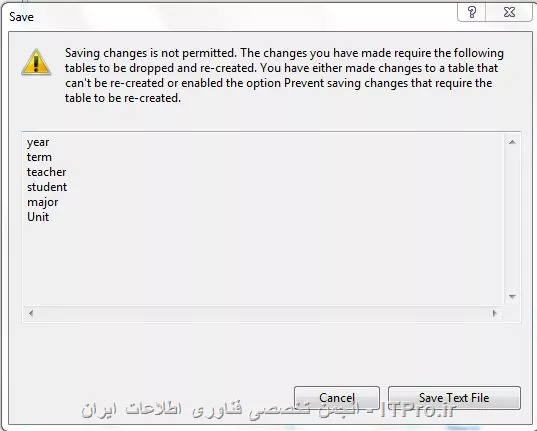 سلام


<center>
||http://tosinso.com/files/get/f9e205f8-0065-471a-bd9a-facd81a85f6a||
<center>
اعضاومدیران گرامی سایت من  یک Diagram درSQL Server2008 ایجاد کرده ام وموقعی که Save روبرای ذخیره کردن کلیک می کنم باپیغام بالا مواجه میشم اگه لطف کنیدراه حلی برای این مشکل مطرح کنید خیلی خیلی ممنون میشم



بااحترام