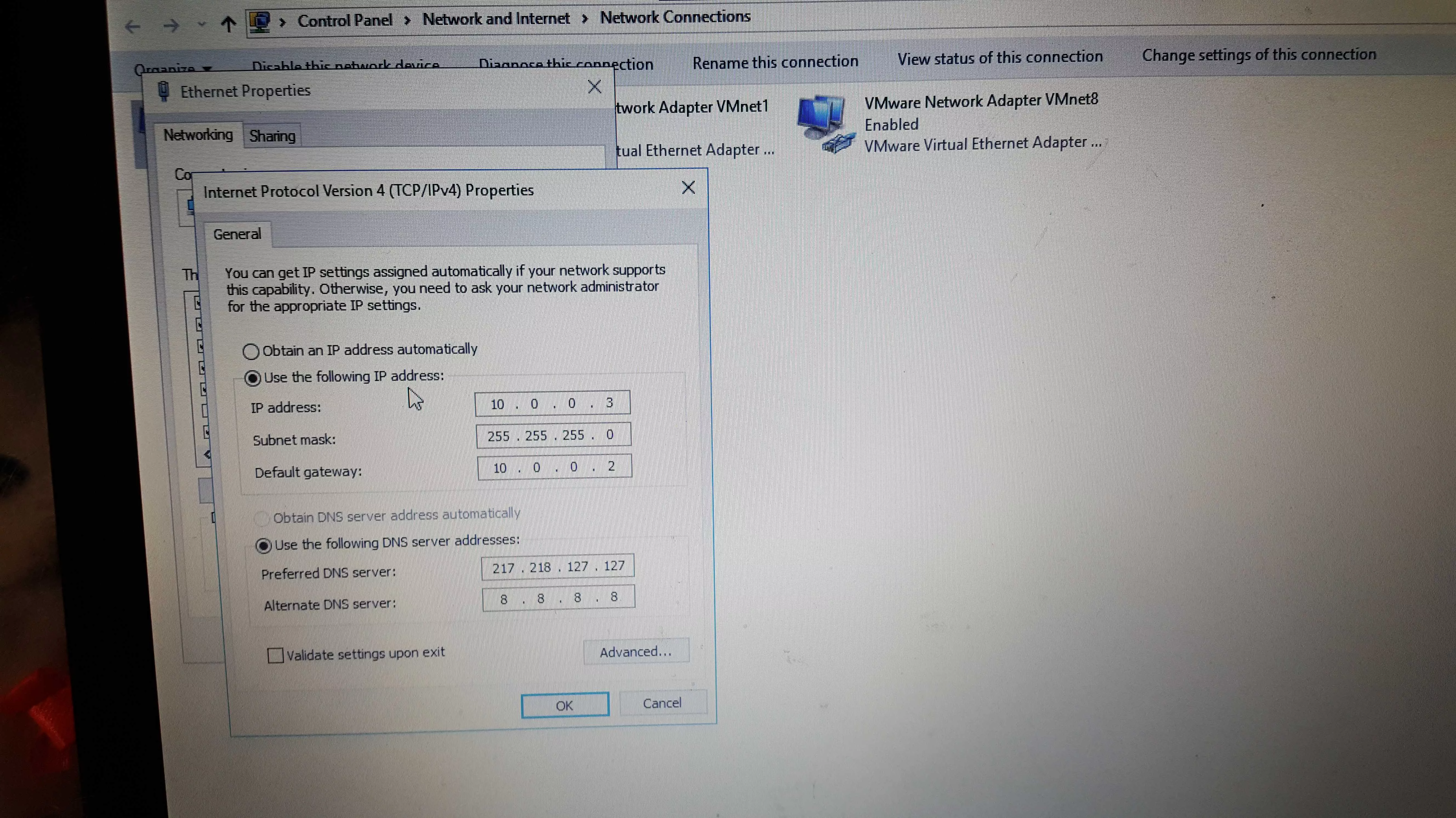 تنظیمات کارت شبکه vmnet8 و فیزیکال