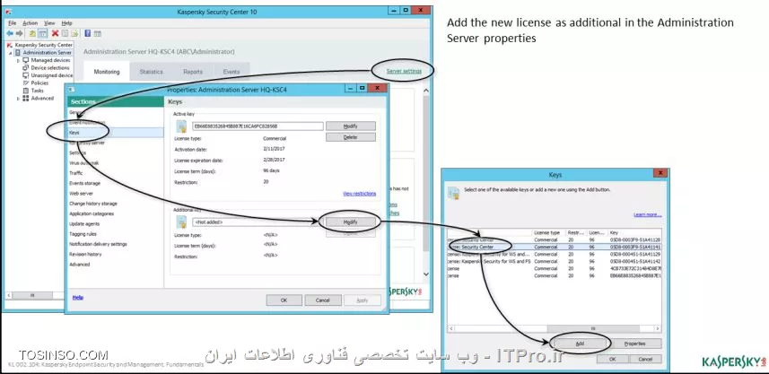 !! بروزرسانی Network Agent 
بروزرسانی Network Agent را  می توان بدون ایجاد Task به صورت خودکار انجام داد ، هنگامی که بروزرسانی از کسپرسکی اعلام می شود مدیر شبکه می تواند Agent را دانلود کند و آن را به صورت محلی نصب کند ، به صورت پیش فرض در Administration Server نصب Network Agent و بروزرسانی آن انجام می شود :

1- وارد تب پالیسی شوید و روی گزینه Policy of Network Agent کلیک کنید 

2- حالا بر روی Manage patches and updates کلیک کنید 

3- حذف چک باکس Install application updates with Undefined approval 

||آموزش کسپرسکی سرور 10 ::https://tosinso.com/files/get/9744d5d5-a4df-4ece-a303-7a9b30bd1749||

نکته : برای نصب نسخه جدید Network Agent ابتدا آن را بر روی یک کامپیوتر در گروه امتحان کنید و بررسی کنید که نصب موفقیت آمیز هست یا خیر 

همچنین مدیر شبکه می تواند برای جلوگیری از بروزرسانی همیشگی از گزینه Update Approval در بخش Declined استفاده کند ، برای جلوگیری از بروزرسانی Network Agent نسخه های قدیمی ( قبل از سرویس پک 1 ) می توانید از تسک Download updates to the repository استفاده کنید :

1- در نود Task وارد پراپرتیس شوید و تسک Download updates to the repository را انتخاب کنید 

2- سوییچ کنید روی Settings و در Other settings روی عبارت Configure ...  کلیک کنید 

3- بردارید چک باکس Update Agent modules ( for Network Agent version earlier than 10 Service Pack 10 ) 

- آگاهی از بروزرسانی های جدید 

برای آگاهی یافتن از بروزرسانی جدید در خش Update از صفحه Monitoring می توانید نسخه و سرویس پک را بررسی کنید . پیام هایی نظیر :

- بروزرسانی کامپوننت های Kaspersky Security Center 10 

- بروزرسانی ابزار های Kaspersky Lab  

- اخرین نسخه از ابزارهای Kaspersky Lab  

بخش Current application versions تمامی این آیتم ها را نشان می دهد 

||https://tosinso.com/files/get/543f1418-7242-434f-8f92-04721f88bdde||

همچنین برای یافتن آخرین بروزرسانی های نسخه و تولید و زبان برنامه ها می توانید :

||https://tosinso.com/files/get/44e479a5-b606-47e5-ac7f-0cc6f880205f||

- بروزرسانی لایسنس 

هنگامی که لایسنس کسپرسکی سرور 10 به اتمام می رسد نیاز هست که مجدداً خریداری شود ، در هنگام خرید به پارامترهای تعداد کلاینت ها و سرور ها - و نیاز به ابزار هایی نظیر رمزگذاری روی اطلاعات و نصب اپدیت های ویندوز به صورت خودکار دقت کنید برای مشاهده تاریخ و زمان انقضا لایسنس به تصویر زیر دقت کنید :

||احمد توسلی می نویسد از کسپرسکی سرور 10::https://tosinso.com/files/get/7e35e9b9-6136-4925-964a-4cf08e16558c||

- همچنین برای مشاهده فعال بودن تعداد لایسنس هایی که خریداری کردید :

||احمد توسلی نویسنده اولین مجموعه تمام پارسی کسپرسکی سرور 10::https://tosinso.com/files/get/63440cb4-1571-4aac-b7e0-9530c542f149||

* برای اعمال لایسنس ها روی یک کامپیوتر هم می توانید از راهنمای زیر استفاده کنید :

||https://tosinso.com/files/get/df2d2f0a-a7f3-4abc-bb53-0cac6ccfe926||

- برای فعال سازی لایسنس Administration Server :

||https://tosinso.com/files/get/fb240bd0-fb86-497b-9761-19c80e9e4b3b||

این فعال سازی تنها برای نسخه 10 مورد نیاز است و در نسخه Core پشتیبانی نمی شود و یک KESB لایسنس پیشرفته است . 

* تغییر لایسنس ها  

گاهی اتفاق می افتد که مدیر شبکه قصد دارد لایسنس جدید را مجدداً عوض کند  ، بنابراین برای این کار روی نود Tasks بروید و سپس در مسیر Distribute key on the client computer رفته و روی Advanced | Application management | Kaspersky Lab licenses کلیک کنید . 

||https://tosinso.com/files/get/543f1418-7242-434f-8f92-04721f88bdde||

نویسنده : سید احمد توسلی
منبع : |جزیره امنیت اطلاعات و ارتباطات وب سایت توسینسو::https://tosinso.com/security|
هرگونه نشر و کپی برداری بدون ذکر منبع و نام نویسنده دارای اشکال اخلاقی است