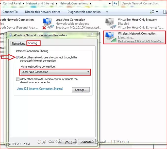 با سلام 
شما برای حل این مشکل دو راه دارید:
1.شما باید به جای share کردن کارت شبکه Local Area Connection، باید اینترنت کارت شبکه وایرلس لپتاپتون رو روی کارت شبکه کابلی به اشتراک بگذارید به صورت زیر:
||http://network.tosinso.com/files/get/fb84c462-030e-4407-ac24-edfca86d231d||
2.میتوانید از طریق bridge کردن کارت شبکه وایرلس با کارت شبکه اترنت(Local Area Connection) لپتاپ، اینترنت رو روی همه pc ها share کنید:
||http://network.tosinso.com/files/get/95406898-5d53-4daf-baf3-ffce60dd2648||
با این کار بعد از چند لحظه آیکنی به شکل یک مودم وایرلس به مجموعه کارت های شبکه شما اضافه میشود:
||http://network.tosinso.com/files/get/56b6ba77-586f-4b0f-a9f0-29cb6f56e389||
با انجام هر کدام از دو راه حل بالا میتونید اینترنت رو همه pc ها به اشتراک بگذارید.
همچنین با فعال بودن DHCP مودم، در هیچ کدام از راه حل های بالا نیازی به ست کردن ip به صورت دستی روی هیچ یک از سیستمها نیست.
