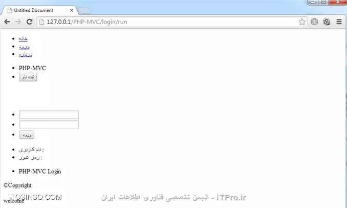 سلام به همگی دوستداران ITPro یه تغییر کوچولو توی روند آموزش ها دادم، از این به بعد در نظر دارم تو همین حین که آموزش های PHP جلو میره یه آموزش کوچیک هم درباره css و jquery  به کارمون اضافه کنم چون php کارا به غیر از اینکه باید به php مسلط باشن باید یه آشنایی خوبی هم با css و jquery داشته باشن . خوب تو این قسمت میخوایم یه دیتابیس با یه جدول واسه سایتمون ایجاد کنیم و با صفحه لاگین سایت وارد وب سایتمون بشیم و بعدش سایت رو از نظر امنیتی تست میکنیم ببینیم قابل نفوذ هست یا نه؟!  در ابتدا میایم یه فولدر بنام CSS توی پوشه اصلی وب سایتمون میسازیم و یه فایل بنام Login.css توش ایجاد میکنیم .کد Login.php (توی فولدر Login) بصورت زیر تغییر میدیم :
<htm>
<!DOCTYPE html PUBLIC -//W3C//DTD XHTML 1.0 Transitional//EN http://www.w3.org/TR/xhtml1/DTD/xhtml1-transitional.dtd>
<html xmlns=http://www.w3.org/1999/xhtml>
<head>
<meta http-equiv=Content-Type content=text/html; charset=utf-8 />

<link rel=stylesheet type=text/css href=CSS/Login.css/>

<title>Login</title>
</head>

<body>

	<div id=SingUp>
    	<ul>
        	<li id=title>
            	PHP-MVC
            </li>
            <li>
            	<input type=button id=Btn_SingUp value=ثبت نام name=Btn_SingUp />
            </li>
        </ul>
    </div>
    <br  /><br  />
    
	<div id=Login>
    	<div id=textbox>
            <ul>
                <li>
                    <input type=text id=txt_User name=txt_User />
                </li>
                <li>
                    <input type=text id=txt_Pass name=txt_Pass />
                </li>
                <li>
                	<input type=submit id=btn_Login name=btn_Login value=ورود />
            	</li>
            </ul>
    	</div>
        
        <div id=label>
            <ul>
                <li>
                    <label>نام کاربری : </label>&nbsp;
                </li>
                <li>
                    <label>رمز عبور : </label>&nbsp;
                </li>
            </ul>
        </div>
        
        <ul>
        	<li id=title>
                <div>
                    PHP-MVC  Login
                </div>
            </li>
        </ul>        
    </div>

</body>

</html>
<htm>
با استفاده از کد زیر (که در بالا اومده)
<htm>
<link rel=stylesheet type=text/css href=CSS/Login.css/>
<htm>
از کدهای Login.css توی Login.php استفاده میکنیم .
در ابتدا یه خروجی میگیریم (فعلاً هیچ قالبی ننوشتیم) :
||https://tosinso.com//files/get/baa4a88b-2da0-4fa1-8a3f-8d4587e0f8e3||
کد Login.css :
<css>
#SingUp, #Login
{
	border: 1px solid;
	margin: 0 auto;
}

#SingUp
{
	height: 90px;
}

#Login
{
	width: 550px;
}

#SingUp ul, #Login ul
{
	list-style: none;
}

#SingUp li
{
	float: left;
}
<css>
توی خط اول کد گفتم که یه کادر واسه دو تگ <div> بنامهای SingUp, #Login# بزاره و خط دوم هم margin برابر مقدار auto 0 قرار دادم چون میخوایم این دو تگ وسط صفحه قرار بگیرن .
زمانی که از تگ <ul> استفاده میکنیم، کنار مقادیر توی این تگ، یه مربع یا دایره قرار میگیره و چون نمیخوایم این مربع یا دایره نمایش داده بشن باید خاصیت list-style برابر none قرار بدیم .
اگه خواستیم مقادیر تگ <ul> بصورت افقی نمایش داده بشن باید خاصیت float تنظیم کنیم . ( که من این خاصیت برابر left تنظیم کردیم یعنی مقادیر از سمت چپ به راست بصورت افقی نمایش داده بشن ) 
و حالا یه خروجی دیگه میگیریم :
||https://tosinso.com//files/get/217befcb-8d0f-4f3c-bd43-06c9618cf017||
خوب حالا قسمت هایی رو باید تغییر بدیم :
<css>
#SingUp
{
	height: 90px;
	background-color: #6260b6;
}

#Login
{
	width: 550px;
	height: 200px;
	border: 1px solid;
	border-radius: 5px;
	border-color: #999;
}
<css>
با استفاده از خاصیت border-radius میتونیم گوشه های کادر  رو هلال کنیم .
اگه خواستید رنگهایی اختصاصی توی قالب سایت استفاده کنید میتونید برنامه فوتوشاپ باز کنید و رنگ خودتونو انتخاب کنید به صورت شکل زیر :
||https://tosinso.com//files/get/c38ce87b-4c19-49c1-b94b-50353575b8c2||
که من مقدار 6260b6 (که توی شکل معلومه) واسه خاصیت background-color قرار دادم .
سپس کدهای زیر رو اضافه میکنیم :
<css>
#SingUp #title
{
	font-size: 30px;
	font-weight: bold;
	color: #FFF;
	margin-right: 40px; 
	margin-left: 100px;
}
#Login #textbox
{
	position: absolute;
	margin: 45px 0 0 170px;	
}

#Login #label
{
	position: absolute;
	margin: 50px 0 0 80px;
}
<css>
با استفاذه از خاصیت margin یه فاصله میزارم سمت راست و چپ متن PHP-MVC (مقدار PHP-MVC توی تگ <div> با id بنام title قرار داده، توی کدایی که نوشتین معلومه).

یه خروجی میگیریم :
||https://tosinso.com//files/get/1891caf3-cfb8-4bb0-8203-d4c2a2e78566||
و حالا دوباره یه تغییر کوچیک میدیم :
<css>
#SingUp, #Login
{
	/*border: 1px solid;*/
	margin: 0 auto;
}
<css>
خوب حالا این کدهارو هم اضافه میکنیم :
<css>
#SingUp #Btn_SingUp
{
	background-color: #168500;
	border: 1px solid #999;
	width: 70px;
	height: 30px;
	color: #FFF;
	font-weight: bold;
	cursor: pointer;
}
<css>
خط آخر کد واسه این هست که هر وقت کاربر اشاره گر موس روی دکمه ثبت نام بگیره شکل اشاره گر (از شکل پیشفرض خودش یعنی فلش) تغییر کنه به شکل دست . 
کد زیر به قسمت SingUp #title# اضافه میکینم :
<css>
text-shadow: 0.5px 0.5px 5px #000;
<css>
کد زیر به قسمت SingUp #Btn_SingUp# اضافه میکینم :
<css>
text-shadow: 0px 0px 10px #FFF;
<css>
زمانی که بخوایم واسه متن سایه بزاریم از text-shadow استفاده میکنیم .
این تکه کد به کدهامون اضافه میکنیم :
<css>
#Login ul
{
	padding: 0;
}
<css>
کد بالا تمام فاصله های درون تگ <ul> (فاصله از بالا ، پایین ، چپ و راست) صفر میکنه .
یه خروجی میگیریم ببینیم چطور شد :
||https://tosinso.com//files/get/b67f1d57-2b8d-4325-9887-8c6d1190e7a5||
خوب این تکه کد باید تغییر بدیم :
<css>
#SingUp li
{
	float: left;
	margin-top: 20px;
}
<css>
حالا کدهای زیرو هم به کدامون اضافه میکنیم :
<css>
#Login #title
{
	border-bottom: 1px solid #999;
	margin: 0 20px 30px 20px;
}

#Login #title div
{
	color: #4d279c;
	font-weight: bold;
	padding-bottom: 5px;
}
<css>
با استفاده از خط اول، یه خط زیر میزازیم واسه پایین متن  PHP-MVC Login . توی خط دوم میایم یه فاصله 20px میزاریم از چپ و راست و از بالا فاصله صفر میزاریم و از پایین هم فاصله 30px میزاریم .
بعدش با استفاده از خاصیت padding-bottom یه فاصله 5px میزاریم بین متن PHP-MVC Login و خط زیر متن . 
حالا یه خروجی دیگه میگیریم .
||https://tosinso.com//files/get/6efa6362-4b43-4889-a7ff-1620f2951d3c||
خوب حالا این کدهارو هم اضافه میکنیم به کدهایی که تا الان نوشتیم :
<css>
#Login label
{
	color: #615f64;
}

#Login #label li
{
	margin-bottom: 5px;
}

#Login #textbox #txt_Pass
{
	margin-top: 5px;
}

#Login #textbox #btn_Login
{
	margin-top: 12px;
	background-color: #005caa;
	border: 1px solid #000;
	color: #FFF;
	width: 50px;
	height: 27px;
	font-weight: bold;
	margin-left: 3px;
}
<css>
حالا یه خروجی میگیریم ببینیم چطوری شد:
||https://tosinso.com//files/get/4463dd9f-3b94-48e5-a867-a71de1752d18||
تمام کد هایی که تا الان توی فایل Login.css نوشتیم :
<css>
#SingUp, #Login
{
	/*border: 1px solid;*/
	margin: 0 auto;
}

#SingUp
{
	height: 90px;
	background-color: #6260b6;
}

#SingUp #Btn_SingUp
{
	background-color: #168500;
	border: 1px solid #999;
	width: 70px;
	height: 30px;
	color: #FFF;
	font-weight: bold;
	cursor: pointer;
	
	text-shadow: 0px 0px 10px #FFF;
}

#SingUp #title
{
	font-size: 30px;
	font-weight: bold;
	color: #FFF;
	margin-right: 40px; 
	margin-left: 100px;
	
	text-shadow: 0.5px 0.5px 5px #000;
}

#SingUp ul, #Login ul
{
	list-style: none;
}

#SingUp li
{
	float: left;
	margin-top: 20px;
}

#Login
{
	width: 550px;
	height: 200px;
	border: 1px solid;
	border-radius: 5px;
	border-color: #999;
}

#Login #textbox
{
	position: absolute;
	margin: 45px 0 0 170px;	
}

#Login #label
{
	position: absolute;
	margin: 50px 0 0 80px;
}

#Login ul
{
	padding: 0;
}

#Login #title
{
	border-bottom: 1px solid #999;
	margin: 0 20px 30px 20px;
}

#Login #title div
{
	color: #4d279c;
	font-weight: bold;
	padding-bottom: 5px;
}

#Login label
{
	color: #615f64;
}

#Login #label li
{
	margin-bottom: 5px;
}

#Login #textbox #txt_Pass
{
	margin-top: 5px;
}

#Login #textbox #btn_Login
{
	margin-top: 12px;
	background-color: #005caa;
	border: 1px solid #000;
	color: #FFF;
	width: 50px;
	height: 27px;
	font-weight: bold;
	margin-left: 3px;
}
<css>

خوب تا اینجا یه قالب در حد معمولی واسه صفحه Login.php درست کردیم، حالا میایم کدهایی مینویسیم واسه وصل شدن به دیتابیس و استفاده از داده های جداول دیتابیس.
روی Wamp (کنار ساعت سیستم) کلیک میکنیم (البته اگه از برنامه Wamp استفاده میکنید) و PhpMyAdmin انتخاب میکنیم یا لینک زیر توی url وارد میکنیم و enter میزنیم .
<left>
http:////localhost//phpmyadmin 
<left>
یه دیتابیس به نام ITPro میسازیم و فعلاً یه جدول هم بنام tlb_UserPass هم واسه جدول نام کاربری و پسورد میسازیم بصورت زیر .
بعد از اینکه صفحه phpmyadmin باز کردیم به تب database میریم :
||https://tosinso.com//files/get/0b200874-4a14-4f6e-9f44-8051148ed0cc||
بصورت بالا یه دیتابیس به نام ITPro ایجاد میکنیم، سپس روی نام ITPro در سمت چپ کلیک میکنیم :
||https://tosinso.com//files/get/6b5df272-55c3-4ead-abd8-80a6aa6772fb||
جدولی به نام tlb_UserPass با سه ستون ایجاد میکنیم .
||https://tosinso.com//files/get/be0692d1-0208-428c-bee8-c905569bfeb1|| 
سه ستون بنامهای id , username , password ایجاد میکینم که چون میخوایم پسوردهایی که توی دیتابیس ذخیره میشه MD5 بشن بخاطر همین طولشو 32 گذاشتم و نام کاربری هم حداکثر باید 10 کاراکتر باشه (که این اختیاری هست) و مقدار collation هم گذاشتم utf8_persian، تا مقادیر فارسی هم بتونیم توی جدول وارد کنیم .  
خوب دیتابیس و جدولمونو ساختیم میریم سر وقت کدنویسی.
در ابتدا یه فایل بنام  Login_Model.php توی فولدر Models ایجاد میکنیم و کلاس Login_Model توش تعریف میکنیم :
کد Login_Model.php :
<php>
<?php

class Login_Model 
{
	function __construct()
	{
	}
	
	function run()
	{
		$link = mysql_connect('localhost', 'root', 'mr_prog');
		if (!$link) {
			die('Could not connect: ' . mysql_error());
		}
		$db_selected = mysql_select_db('ITPro', $link);
		if (!$db_selected) {
			die ('Can\'t use user_pass : ' . mysql_error());
		}
		
		$user = $_POST[txt_User];
		$pass = md5($_POST[txt_Pass]);
		$sql = select * from tlb_UserPass where username='{$user}' and password='{$pass}';
		$result = mysql_query($sql);
		if (!$result) {
			die ('Invalid query : ' . mysql_error());
		}
		
		if($row = mysql_fetch_row($result))
		{
			echo <br>welcome;
		}
		else
		{
			echo <br>Invalid Username Or Password;
		}
		die();
	}
}
<php>
یه تابع بنام run ایجاد میکنیم که توی خط اولش با استفاده از تابع mysql_connect به phpmyadmin وصل میشیم (در اینجا root و mr__prog به ترتیب یوزر و پسورد اکانت من هست  که باهاش وارد phpmyadmin میشم)
که توی خط بعدی گفتم اگه نتونیم به phpmyadmin وصل بشیم بهمون خطا بده، با استفاده از تابع mysql_select_db هم دیتابیس انتخاب می کنیم که توی خط بعد از اینم گفتم اگه مشکلی با  ارتباط به دیتابیس بوجود اومد بهمون خطا بده .
یورز و پسوردی که از کاربر میگیریم رو توی متغیر میریزیم و پسورد رو هم MD5 میکنیم . خط بعدی هم Query نوشتیم که گفتیم توی جدول بگرده و نسبت به ورودی ها (یعنی همون یوزر و پسورد) به ما نتیجه رو برگردونه که باز توی خط بعدی هم گفتیم اگه مشکلی توی Query بود و نتونست Query اجرا کنه بهمون خطا بده، سپس توی خط بعدی با استفاده از تابع mysql_fetch_row نتیجه Query رو توی یه متغیر بنام row$ میریزیم (خروجی آرایه هست) حالا اگه Query چیزی برامون برگردوند که تابع mysql_fetch_row تمام رکوردها رو توی متغیر row$ میریزه وگرنه چیزی توی متغیر ریخته نمیشه پس اگه یوزر و پسورد درست باشه به ما پیغام Welcome و اگه اشتباه باشه به ما پیغام Invalid Username Or Password میده حالا میایم یه تست میکینم البته قبلش باید یه تغییر توی کلاس Login بدیم :
کد Login.php (توی فولدر Controllers) :
<php>
<?php

class Login extends Controller
{
	function __construct()
	{
		parent::__construct();
		
		$this->view->Render(Login/index);
	}
	
	function run()
	{
		require(models/Login_Model.php);
		
		$L_M = new Login_Model();
		$L_M->run();
	}
}
<php>
که من یه تابع بنام run نوشتم و توش یه شی از کلاس Login_Model ایجاد کردم و تابع run توی کلاس  Login_Model  فراخوانی کردم .
حالا باید یه تغییراتی هم توی کد Index.php (که توی فولدر Login هست) بدیم، یه تگ <form> باز میکنیم و تگ <div> با id بنام Login رو توش قرار میدیم بصورت زیر :
<htm>
<form id=form_login name=form_login method=post action=Login/run >
	<div id=Login>
    		.
            .
            .
	</div>
</form>
<htm>
 خوب حالا کدهای کلاس Login_Model رو بصورت زیر تغییر میدیم :
دقت کنید زمانی که کاربر یوزر و پسورد خودشو وارد میکنه و روی دکمه ورود کلیک میکنه، تابع run از کلاس Login فراخوانی میشه یعنی اطلاعات (یوزر و پسورد) به این تابع فرستاده میشه .
در ضمن قبل از اجرای کدها، phpmyadmin رو باز کنید و توی جدول tlb_userpass یک یا چندتا یوزر و پسورد ذخیره کنید و پسوردی هم که ذخیره میکنید باید قبلش تبدیلش کنید به MD5 بعد ذخیرش کنید، خوب حالا میایم یه تست میکنیم ببینیم جواب میده یا نه ؟!!
||https://tosinso.com//files/get/23321b86-aa9e-48b8-8f4f-7f1026fb1600||
||https://tosinso.com//files/get/fc42ad59-c9e6-430a-9846-d0692a726583||
یوزر و پسورد وارد میکنیم و حالا میبینید که بهمون welcome داد پس یعنی همه چی درسته حالا پسورد اشتباه میدم ببینم چطور میشه :
||https://tosinso.com//files/get/1a927b12-9d7a-478d-8895-a306ac5fa5fd||
||https://tosinso.com//files/get/f827d3da-928b-4ee6-9fe1-68855d2aea0b||
میبینید که بهمون پیغام Invalid Username Or Password داد پس داره درست کار میکنه ولی اینجا یه سوالی پیش میاد که آیا این کدی که من الان نوشتم به درد بخور هست یا نه؟ 
یعنی یه هکر میتونه سایت منو هک کنه یا نمیتونه؟!!!!
یوزر رو   admin' or '0'='1  و پسورد رو هرچی خواستید وارد کنید (مثلاً alaki)
امتحان میکنیم....
||https://tosinso.com//files/get/f156b2da-42f0-4274-825d-6f540e0d3388||
||https://tosinso.com//files/get/9bdda32e-4ff7-49dc-bb7d-c035b62b7def||
چی شد؟؟ هکر راحت تونست بدون اینکه پسورد منو بدونه تنها با در دست داشتن یوزر من وارد سایت بشه!! حتی هکر یه جور دیگه هم میتونه اطلاعات رو وارد کنه یعنی بدون اینکه یوزر منو داشته باشه وارد سایت بشه بصورت زیر :
یوزر رو   #'alaki' or '1'='1  و پسورد رو هرچی خواستید وارد کنید (مثلاً alaki)
کاراکتر # یعنی هرچی بعد از این کاراکتر میاد به عنوان Comment یا توضیحات در نظر بگیر .
||https://tosinso.com//files/get/ae993aee-e753-4251-8c47-0631d93b37c1||
||https://tosinso.com//files/get/ac397c09-4c88-422d-a2e3-31746122b0b6||
میبییند که بازم وارد سایت شدیم حتی با اینکه نه یوزر داشتم نه پسورد، به این روش هک SqlInjection میگن که البته این یه نمونه از sqlinject بود که بهتون گفتم، راه های دیگه ای هم وجود داره که در آموزش های بعدی با باگهای دیگه هم آشنا میشیم و رفعشون میکنیم .امیدوارم از این قسمت هم استفاده لازم برده باشید، میخواستم تو این قسمت کمی درباره JQuery بگم ولی خوب آموزش خیلی طولانی شد، ایشالله توی آموزش بعدی هم این باگ رو برطرف میکنیم هم کمی درباره JQuery توضیح میدم .

نویسنده : مهدی رزمجویی
منبع : |جزیره طراحی و توسعه وب وب سایت توسینسو::https://tosinso.com/web|
هرگونه نشر و کپی برداری بدون ذکر منبع و نام نویسنده دارای اشکال اخلاقی می باشد