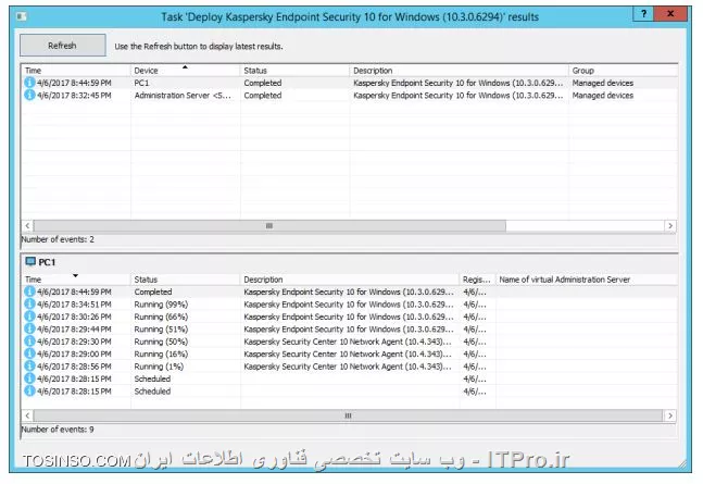!! مشاهده نتایج نصب ( installation results )
مطالعه نتایج Task نصب باعث می شود تا مطمئن شویم که گروه Managed Device ها که کامپیوتر ها روی آن هستند در حال نصب Agent و Endpoint هستند یا خیر ، در این تست با سرور Security-Center و کلاینت PC1 کار داریم ، آنها را روشن کنید :

1- Task که کامل شود پیامی را صادر می کند :

||https://tosinso.com/files/get/9d660b12-c26d-4510-9433-c84eb4728c59||

2- کلیک کنید روی لینک View Result تا گزارشات مشاهده شود :

||https://tosinso.com/files/get/fc5f7321-ceaf-4571-a02d-23672db0d6a8||

3- Task را ببندید 

4- بروید بر Managed devices 

5- برای چک لیست کامپیوتر ها روی تب Devices کلیک کنید  

6- مطمئن شوید PC1 و Security-Center در اینجا باشند 

7- روی PC1 رفته و Properties را باز کنید 

||https://tosinso.com/files/get/45fc2f89-b88d-4132-9c30-674a0e03b3dc||

8- روی Applications انتخاب کنید :

||https://tosinso.com/files/get/f4e37e68-ce6e-438c-ae40-c2ebf5c817ae||

9- مطمئن شوید Network Agent و Endpoint نصب شده باشند :

||https://tosinso.com/files/get/54a20d3d-9e9a-4414-bb73-b17e62b7dd73||

نویسنده : سید احمد توسلی
منبع : |جزیره امنیت اطلاعات و ارتباطات وب سایت توسینسو::https://tosinso.com/security|
هرگونه نشر و کپی برداری بدون ذکر منبع و نام نویسنده دارای اشکال اخلاقی است

