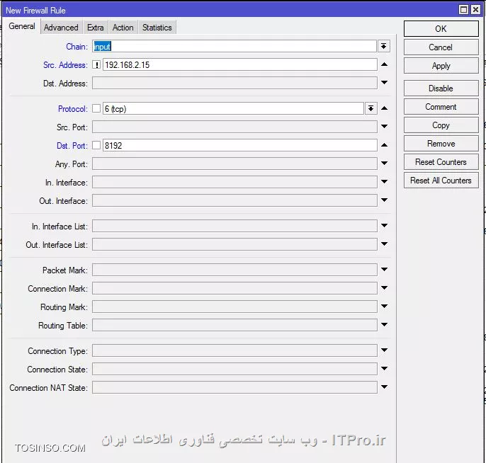 <center>
||https://network.tosinso.com/files/get/fc96641c-7f88-4d93-bf5e-8b71ec061950||
<center>

مشاهده بفرمایید این Rule که نوشتم درست هستش  گفتم هر ادرس IP به غیر از این بودش خواست به پورت 8291 متصل شود Drop کن.

اگر اشتباه دوستان لطفا راهنمایی بفرمایند اصلاح کنم. 

------------------

سپاسگزارم دوست گرامی tamigi، می خوام از طریق Firewall هم یاد بگیرم. دوستان کمک کنند ممنون میشم. 