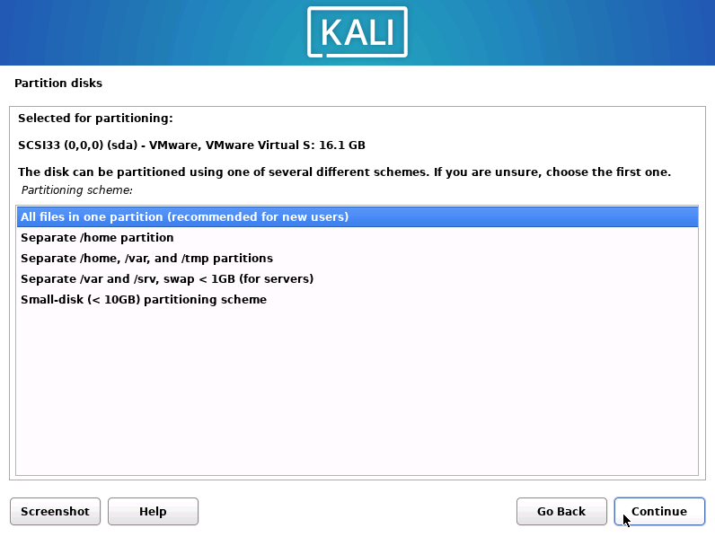 انتخاب دیسک برای نصب کالی
