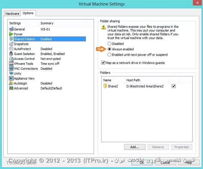 روشی که سعید جان گفته، کاملا درسته.
در ادامه صحبت های سعید جان اینکه میتونی پس از نصب VMware Tools، با Drag & Drop هم فایل رو جابجا کنی.
روش دیگه اینکه میتونی در تنظیمات VM، یه Mapped Drive بسازی که به یه فولدر روی کامپیوتر Host (کامپیوتری که VMware رو روی اون نصب کردی) لینک بشه.
سمت چپ صفحه، VM مورد نظرتو انتحاب کن و روی اون Right Click کن و سپس گزینه Settings رو انتخاب کن.

||http://www.tosinso.com/files/get/d74d124d-7bd3-45ce-a2e2-39eeb3ccd375||

در پنجره باز شده، به تب دوم یعنی Options برو و مطابق تصویر، گزینه Shared Folders رو انتخاب کن.

||http://www.tosinso.com/files/get/f48f97a9-132c-4046-92a4-f618976957ec||

در قسمت سمت راست صفحه، گزینه Add رو مطابق تصویر کلیک کن و سپس آدرس یه فولدر روی کامپیوتر Host رو انتخاب کن.

||http://www.tosinso.com/files/get/249584f4-49d4-4ad9-be87-516c333cce71||

سپس بهد از انتخاب مسیر، به صفحه اصلی (تصویر دوم) بر میگردی و دومین گزینه از بالا Always Enabled رو انتخاب میکنی.

||http://www.tosinso.com/files/get/fd2a7649-d4c2-4fbf-af30-235203b4e832||

حالا از این به بعد هر زمان که My Computer را روی کامپیوتر VM باز کنی، یه Mapped Drive به فولدری که انتخاب کردی مشاهده می کنی و میتونی فایل ها رو از شریق این فولدر به اشتراک بگذاری.

روش دیگه ای هم مثل شبکه کردن کامپیوتر VM و Host و یا در یک Range قرار دادن IP ها وجود داره که ترجیحا بهتر هستش که از یکی از 2 روش بالا استفاده بشه.

اگر سوالی بوذ، حتما بپرسین.
مرسی