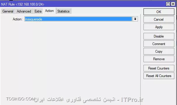 ابتدا به اینترفیس ها ip  می دهید
در این مثال ether1 به مودم adsl با ip 192.168.1.2/24
ether2 به کامپیوتر 1 متصل است ip 192.168.100.1/24
ether3 به کامپیوتر 2 متصل است ip 192.168.200.1/24

||http://network.tosinso.com/files/get/72aa67d3-fd71-414d-a6a6-40a1fd9efee8||
در قسمت route باید یک default route ایجاد کنید اگر از مودم adsl آی پی می گیرد خودبه خود ایجاد می شود

||http://network.tosinso.com/files/get/6826dd16-acc8-40d3-ba35-531a8121d186||

سپس nat ها را ایجاد  کنید
||http://network.tosinso.com/files/get/d66253df-f113-4b6b-b119-ef6b29042b6b||
action را نیز تنظیم کنید

||http://network.tosinso.com/files/get/fd582251-82dc-4661-9b10-ddc1e1fa5f77||
 
سیستم ها را تست می کنیم

||http://network.tosinso.com/files/get/75a50599-1948-45d9-b4eb-d142854b0405||
||http://network.tosinso.com/files/get/5142163e-ccf9-4582-8ae1-7ca3cc6cf5cc||
