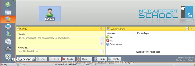 در این آموزش قصد دارم نحوه راه اندازی و استفاده از نرم افزار Net Support School رو بر روی VMware به صورت شماتیک توضیح بدم گرچه این روش در عمل کاربردی نداره ولی یک روش تمرینی خوب برای یاد گرفتن این نرم افزار کاربردی است. قسمت اول این اموزش مربوط به راه اندازی ماشین مجازی هست (اگر اشنایی دارید به بخش دوم مراجعه کنید) و بخش دوم استفاده از نرم افزار Net Support  ، در این مطلب آموزشی بر اساس یک سناریو نصب و راه اندازی VMWare و اتصال آنها به اینترنت و ایجاد یک شبکه داخلی و سپس راه اندازی نرم افزار کاربردی Net Support بر روی 3 ماشین VMWare که یکی از آنها به عنوان دستگاه معلم (Tutor) و 2 دستگاه دیگر به عنوان دانشجو (Student) شبیه سازی میشود.بر طبق این سناریو به ترتیب زیر 3 ماشین VMWare ایجاد میشود.
قدم اول : ایجاد یک ماشین مجازی جدید به ترتیب زیر:
||http://tosinso.com/files/get/c422d8d5-5359-4b5d-90c2-fcb1334963ef||
قدم دوم : یکی از دو حالت Typical یا Custom را انتخاب کرده و Next را میزنیم.
||http://tosinso.com/files/get/823e8f27-f990-4c0b-aecc-6d8c7c62d77e||
قدم سوم : در این مرحله میتوانیم محل فایل ایزوی ویندوز 8 را مشخص کرده و یا ان را به بعد موکول کنیم.
||http://tosinso.com/files/get/e76fa852-0add-402d-bf8f-fbc98eacfa0f||
قدم چهارم : در این مرحله نوع سیستم عامل و ورژن محصول را انتخاب میکنیم.
||http://tosinso.com/files/get/cf51fbad-5deb-4a73-a59a-382aec627b84||
قدم پنجم : نام ماشین مجازی را مشخص میکنیم.
||http://tosinso.com/files/get/3e1aa1aa-a0ca-4a3f-a1b6-4395d6e32c1f||
قدم پنجم : سپس با زدن Customize Hardware میتوانیم تنظیمات سخت افزاری ماشین مجازی را به دلخواه خود انجام دهیم.
||http://tosinso.com/files/get/25545a3a-c7b0-4914-b95c-03aed588ef1b||
قدم ششم : در این مرجله مقدار RAM ماشین مجازی را از طریق اسکرول تعبیه شده در سمت راست تعیین میکنیم
||http://tosinso.com/files/get/da09ec39-1df7-4d9b-aac9-fd883305fda9||
قدم هفتم : سپس تعداد پردازنده ها را مشخص میکنیم.
||http://tosinso.com/files/get/1d0edb30-b02e-40c6-85c2-5574c6e1d227||
قدم هشتم : در این مرحله حالت کارت شبکه خود را تعیین میکنیم. با توجه به شکل زیر 5حالت کارت شبکه مجازی در Vmware در نطر گرفته شده است که با توجه به سناریو NAT میتواند بهترین گزینه باشد.(نیاز به انصال هر ماشین به اینترنت بوده و ماشین ها باید به یکدیگر متصل شده و همدیگر را ببینند.)
||http://tosinso.com/files/get/f8e997b9-4baa-4268-86ad-4f2e0f0222f0||
قدم نهم : سپس مسیر فایل ایزوی سیستم عامل را تعیین میکینم.(در این سناریو هر 3 ماشین VM ویندوز 8.1)
||http://tosinso.com/files/get/87f047ce-6fe4-4f63-b3d0-e83871c302d7||
قدم دهم : سپس ویندوز 8 را نصب میکینم.
||http://tosinso.com/files/get/216fe59a-573e-4caa-ab1b-b3cd65d782ed||
قدم یازدهم : بعد از نصب هر VM میبایست برای هر ماشین VM Tools را هم برای راحتی کار و همچنین انتقال فایل نصب نرم افزار net support به ترتیب زیر نصب میکنیم
||http://tosinso.com/files/get/63d756e9-0dce-49e3-9133-8748cf1b65d6||
 قدم دوازدهم : همانطور که در شکل زیر میبینیم درایو مجازی VM Tools بر روی ماشین مجازی Mount شده و به راحتی کار نصب را انجام میدهیم.
||http://tosinso.com/files/get/e50fa9fe-5369-4f2f-9595-7865d66f7ae8||
قدم سیزدهم : فایل نصب نرم افزار Net Support را از سایت www.netsupportschool.com دانلود کرده و با توجه به نصب VM Tools فایل setup را به راحتی بر روی هر 3 ماشین کپی میکنیم.
||http://tosinso.com/files/get/3a7ac53b-a43d-4d6b-a562-f58857315000||
قدم چهاردهم : سپس بر روی ماشین Tutor فایل setup نرم افزار net support را اجرا کرده و آن را نصب میکنیم. و مراحل زیر را تا نصب کامل نرم افزار طی میکنیم.
||http://tosinso.com/files/get/1649c9b5-40b6-4119-87ab-30d4c5267f1f||
||http://tosinso.com/files/get/458a6a5a-586b-49d4-8109-ecc8097e1ae5||||http://tosinso.com/files/get/96eafb8c-56d5-477e-81ed-88eac296b9d5||
قدم پانزدهم : در این مرحله نوع کاربری net support را مشخص کرده که بر طبق سناریو برای یک ماشین Tutor و برای 2 ماشین student را نصب میکنیم.
||http://tosinso.com/files/get/36d33d42-ebea-40f2-980b-3f4f6ae16b1b||
||http://tosinso.com/files/get/db9bcd32-9c35-4e83-a9dd-cdb9e4ef1133||
قدم شانزدهم : بعد از اتمام نصب net support بر روی 3 ماشین مجازی در صورتی که هر 3 ماشین دسترسی به اینترنت نداشته باشند مراحل زیر را انجام میدهیم. ابتدا از منوی Edit گزینه Virtual Network Editor  را انتخاب کرده.
||http://tosinso.com/files/get/c7dc2761-ebdd-41a8-81d8-69dc5c804b73||
قدم هفدهم : با توجه به سناریوی تعیین شده برای هر 3 ماشین کارت شبکه در حالت NAT قرار داده شده در Virtual Network Editor بر روی VMnet 8 کلیک کرده تا تنطیمات NAT برای ماشین مجازی را انجام دهیم. همینطور که مشخص است کارت شبکه  در حالت NAT که بر روی سیستم عامل کامپیوتر میزبان ایجاد شده دارای محدوده IP : 192.168.113.0 بوده و بنابراین به منطور ایجاد ارتباط بین 3 ماشین مجازی این 3 ماشین هم باید از همین range ای پی اختصاص داده شود. به این منظور باید تیک use local DHCP service to distribute ip address to VMS را زده تا به هر سه ماشین از رنج IP مورد نطر به صورت اتوماتیک داده شود.(با این کار هم دسترسی به اینترنت برای 3 ماشین فراهم شده و هم هر 3 ماشین همدیگر را دیده و میتوانند با یکدیگر ارتباط درون شبکه ای داشته باشند.
||http://tosinso.com/files/get/3424910e-2f2b-4255-866e-2e8218e5e0ae||
بعد از این کار بر روی ماشین Tutor  آی پی های 2 ماشین دیگر را ping کرده تا از داشتن ارتباط اطمینان حاصل کنیم. بدین صورت هر 3 ماشین مجازی آماده برقراری ارتباط از طریق net support را داشته و میتوانیم محیط آموزشی net support را استفاده کنیم.
1- ایجاد یک room مجازی در ماشین Tutor: با اجرای نرم افزار net support پنجره زیر باز شده و استاد باید فیلدهای مربوطه را به ترتیب زیر پر کرده و سپس اتاق مجازی آموزشی را ایجاد کند.
||http://tosinso.com/files/get/20e36747-eb63-4f1c-9b77-ff19a8514c73||
2- بعد از کلیک کردن بر روی دکمه new پنجره زیر باز شده و استاد باید یکی از حالتهای زیر را به عنوان شروع کننده کلاس انتخاب کند. مورد اول Room Mode میباشد که این حالت به شما اجازه میدهد که کامپیوترهای داخل یک کلاس را گروه بندی کرده و دانشجویان میتوانند به این اتاق اموزشی برای شروع کلاس بپیوندند. حالت دوم  PC Mode میباشد که به شما اجازه میدهد که یک تعدادی کامپیوتر را که با هم در یک اتاق در اتصال هستند از طریق کابل را به هم متصل کرده و یک کلاس مجازی آموزشی تشکیل دهید. حالت سوم User Mode میباشد که به شما اجازه میدهد یک تعداد دانشجو را با استفاده از پروفایل های انها به کلاس اضافه کنید. حالت چهارم یک حالت ساده بوده که در ان شما به سادگی میتوانید شبکه موجود را جستجو کرده و همه دانشجویان را به کلاس مورد نظر اضافه کنید.
در این سناریو ما از حالت دوم استفاده میکنیم.
||http://tosinso.com/files/get/6b6cc5f8-5dcb-4fc8-8146-14b1744ccfa2||
3- در این مرحله پنجره Create Class باز شده و در این مرحله باید PC های دانشجویان کلاس را ابتدا جستجو کرده و سپس همه انها رو به کلاس اضافه کنیم.
||http://tosinso.com/files/get/be28d2da-cf20-4773-b06f-c3fdb16da00a||
||http://tosinso.com/files/get/7661349e-a09e-4f09-92e9-af40f2774d9b||
4-دبعد از ایجاد کلاس پنجره اصلی نرم افزار به صورت زیر میباشد و دانشجویان اضافه شده قابل روئیت میباشند.
||http://tosinso.com/files/get/4b4fd644-7999-4cf0-a5d8-3299d62a5923||
5- تب دوم این اجازه را به استاد داده تا نمایی از desktop های دانشجویان حاضر در کلاس را روئیت کرده و به نوعی انها را کنترل کند. علاوه بر ان استاد قادر است با کلیک کردن بر روی هر کدام از پنجره های پیش نمایش دسکتاپ دانشجویان به صورت remote به کامپیوتر دانشجوی مورد نظز دسترسی پیدا کند.
||http://tosinso.com/files/get/ace1446a-e122-460d-9987-f9b463cb2894||
6- در تب سوم که با ایکون های هد ست مشخص شده است استاد قادر است با کلیک بر روی Announce نوعی اطلاع رسانی را به دانشجویان ارسال کند. علاوه بر این استاد قادر بوده که با برداشتن تیک های بلندگو و میکروفون انها را از در کامپیوترهای دانشجویان از کار بیندازد.
||http://tosinso.com/files/get/9f032a1c-4787-4699-b565-85d2642adce8||
||http://tosinso.com/files/get/0379be7c-1a46-4d1c-b867-a36e50371cf6||
7-  در تب بعدی استاد قادر بوده که انواع سوالات را برای کل کلاس یا بخشی از کلاس مطرح کرده و جواب را هم از سوی دانشجویان دریافت کند.
||http://tosinso.com/files/get/c43fd40a-56a3-4579-afa2-0d3c41e151c3||
اولین مدل از سوالات First to answer میباشد که استاد با مطرح کردن یک سوال در کلاس گزینه مورد نظر را کلیک کرده و دانشجویان بر روی کامپیوترشان با پیغام زیر مواجه شده و اولین دانشویی که بر روی answer کلیک کند قادر خواهد بود تا سوال را جواب دهد.
||http://tosinso.com/files/get/95439e52-493b-4c49-9402-0a32e6e1f655||
||http://tosinso.com/files/get/38b943ed-8471-4716-adaf-fb8c6d71ded0||
بعد از پاسخ دادن به سوال بر روی پروفایل دانشجوی مورد نطر به شکا زیر 2 گزینه تیک و ضربدر در اختیار استاد قرار گرفته و صحیح یا نا درست بودن پاسخ دانشجوی مورد نظر را میتواند تعیین کند. 
||http://tosinso.com/files/get/a7d4b650-28eb-4d96-9b8f-c848ea3d257f||
در صورت درست بودن پاسخ دانشجوی مورد نظر یک ستاره به عنوان جایزه دریافت میکند.
||http://tosinso.com/files/get/fe29b122-7d8d-4d88-9c36-c5a5c5ab42fc||
نوع دوم سوال Enter an answer میباشد .
||http://tosinso.com/files/get/f0be3aa6-ecc8-4a26-83aa-4baf570f662d||
در این حالت استاد پاسخ صحیح را در کادر مورد نظر وارد کرده و بعد از مطرح کردن سوال بر روی Go کلیک کرده .
||http://tosinso.com/files/get/fea2b766-7725-41c2-952c-fadb8d7d2639||
همانطور که در شکل زیر نشان داده شده به محض کلیک کردن Go توسط استاد پنجره ای به شکل زیر در PC های دانشجویان ظاهر شده است
||http://tosinso.com/files/get/4e008f76-53c9-4d19-a40e-2e7d0117e3c1||
 و بعد از اتمام زمان تفکر دانشجویان قادر به پاسخگویی خواهند بود.
||http://tosinso.com/files/get/386151ee-a2eb-4cea-b35f-49f6fdb431e1||
بعد از پاسخگویی به سوال دانشجویان به شکل زیر از پاسخ دیگر دانشجویان مطلع میشوند و میتوانند خود را نسبت به کلاس ارزیابی کنند.
||http://tosinso.com/files/get/b9086a56-03ff-4c51-8ccd-47b4fdc36cd7||
همچنین استاد بعد از پاسخگوی دانشجویان به شکل زیر از پاسخ انها مطلع خواهد شد که رنگ قرمز نشان دهنده پاسخ اشتباه و رنگ سبز نشان دهنده دانشجویانی است که پاسخ صحیح را وارد کرده اند.
||http://tosinso.com/files/get/9ea7cab7-6aa7-4e01-9c4e-94cbfab24849||
در تب بعدی استاد قادر خواهد بود تا نوعی محدودیت برای دانشجویان کلاس از لحاظ دسترسی به  وب سایت های مختلف تعیین کندو ستون سمت راست برای وب سایت های ممنوعه بوده که استاد با کلیک بر روی علامت مثبت (سبز رنگ) وب سایت های ممنوعه را تعیین کند و در اینصورت دانشجویان قادر نخواهند بود به وب سایت های مذکور دسترسی پیدا کنند.
||http://tosinso.com/files/get/d8048463-751d-4453-ae99-dcd5a8c7405b||
از ستون چپ نیز استاد قادر بوده تا وب سایت های مورد تایید را اضافه کند و اجازه دسترسی را به دانشجویان داخل کلاس به وب سایت های مذکور بدهد.
||http://tosinso.com/files/get/589718f6-fc60-49b9-9985-800e2d2eb8f8||
علاوه بر این استاد قادر بوده با استفاده از دکمه های پایین صفحه  همه وب سایت ها را بلاک کند.
||http://tosinso.com/files/get/0f56aec7-c81f-4ee3-80c6-c9c1d1f93930||
در تب بعدی استاد قادر خواهد بود نوعی همه پرسی از کلاس انجام داده تا به نتیجه مورد نظر با استفاده از جواب ها برسد.
||http://tosinso.com/files/get/111fb50a-c772-4a68-85c9-6a3786756ebd||
در این تب ابتدا استاد سوال رو مطرح کرده و نوع پاسخ را از نوار کیک کشویی زیر response انتخاب کرده و سپس بر روی send کلیک کرده و ان را برای همه دانشجویان ارسال کند.
||http://tosinso.com/files/get/fe6c9156-519e-43a2-8ef5-b14047da890c||
به محض ارسال سوال پنجره زیر برای همه دانشجویان باز شده و میتوانند به سوال پاسخ دهند.
||http://tosinso.com/files/get/4700ffba-1dec-4e2f-a5f6-e13b72993e86||
بعد از پاسخ دادن همه دانشجویان استاد قادر خواهد بود تا از ستون سمت راست درصدی از پاسخ های تعیین شده را مشاهده کرده و ارزیابی مورد نظر را از سوال خود انجام دهد.
||http://tosinso.com/files/get/3371a176-c0f2-44e0-b907-2437197d2d3f||
تب بعدی دسترسی پرینتر به دانشجویان میباشد که استاد با استفاده از دکمه های پایین پنجره میتواند عملیات پرینت را متوقف و بلاک و یا برای همه دانشجویان آزاد کند.
||http://tosinso.com/files/get/6efcb071-3ec3-4396-858e-73aa8fe0ab01||
در تب بعدی استاد قادر خواهد بود تا فرایند مانیتورینگ فعالیت های دانشجویان را با کلیک بر روی Monitor Activity فعال یا غیر فعال کند و علاوه بر ان از این تب استاد قادر است دانشجویان را بلاک کند. 
||http://tosinso.com/files/get/2b3ac1f5-48b6-4860-8f14-02fe9e29cc53||
در تب بعدی استاد میتواند سطح دسترسی دانشجویان را به CD/DVD و USB تعیین کند.
||http://tosinso.com/files/get/f2d8851f-a280-4c91-b15f-781145d9dd4a||
آخرین تب یکی از پر کاربردترین تب ها بوده که استاد قادر است با ایجاد یک صفحه White Board تدریس را انجام دهد. برای نمایش White board برای همه دانشجویان استاد بر روی Show کلیک کرده که به محض کلیک صفحه White Board بر روی مانیتور دانشجویان ظاهر میشود. در این صفحه ابزارهای زیادی برای تدریس همچون ایجاد متن و استفاده از قلم و خطوط و اشکال مختلف به تدریس بپردازد. علاوه بر ان استاد میتواند رنگ قام و ضخامت ان و همچنین فونت متن ها را تغییر دهد و در نهایت میتواند صفحه کذکور را ذخیره و صفحه جدیدی ایجاد کند.
||http://tosinso.com/files/get/ada000e7-0f9b-43af-9c34-a189be039f81||
یکی از منوهای کاربردی در این نرم افزار استاد میتواند تکالیف مورد نظرش را برای دانشجویان به طریقه زیر ارسال کند.
||http://tosinso.com/files/get/2896704a-8fdd-4dae-9f3b-b79a39014eeb||
بعد از انتخاب Send Work پنجره زیر باز شده و استاد میتواند تکلیف کورد نظر را که در قالب یک فایل text ذخیره کرده است را انتخاب کرده و همچنین تایین کند که فایل مورد نظر در چه مکانی از PC های دانشجویان کپی شود.
||http://tosinso.com/files/get/c0e03536-c30b-4855-bab8-66fbb6028b8f||
 سپس با کلیک بر روس send فایل text بر روی PC دانشجویان کپی میشود .
||http://tosinso.com/files/get/57210fb5-f5ce-4204-8db9-cffb9c23b4b9||
و دانشجویان قادر خواهند بود که فایل مورد نطر را باز کنند و محتویات تکلیف تایین شده از طرف استاد را ببینند.
||http://tosinso.com/files/get/b123fd5a-c981-4f8e-93a2-6f8b19764f49||
از دیگر منوهای کاربردی برای استاد ایکون های Lock , Unlock می باشد که استاد در صورتی که نیاز داشته باشد از دیدن صفحه نمایش خود برای دانشجویان جلوگیری کند بر روی Lock کلید کند.
||http://tosinso.com/files/get/7cd4174b-5e72-4557-8829-a89cd38b499d||
به محض کلیک استاد بر روی Lock صفحه نمایش PC های دانشجویان به وضع زیر خواهد درامد.
||http://tosinso.com/files/get/824e86cf-bae2-4893-b83f-98eee194ff4d||
از منوی show استادی میتواند صفحه نمایش خود را به حالتهای مختلف برای دانشجویان برای انجام تدریس در بیاورد.
||http://tosinso.com/files/get/dab9a896-a5ad-43d2-ab1c-3dfaa806d6c6||
نحوه حضور و غیاب با استفاده از نرم افزار Net Support به شکل زیر بوده و استاد با کلیک بر روی منوی Student register انها را در کلاس ثبت نام کند. 
||http://tosinso.com/files/get/3c183ee7-76e8-4582-b18d-21d93a276350||
به محض کلیک استاد بر روی register پنجره ای به شکل زیر بر روی صفحه نمایش دانشجویان ظاهر شده که دانشجویان موظف به پر کردن فیلدهای خالی بوده و ان را تایید کنند.
||http://tosinso.com/files/get/9ada9676-2aec-4af3-a76a-2d1cd9668e05||
بعد از انجام حضور و غیاب استاد میتواند یک گزارش از ان را در قالب یک فایل با پسوند .csv ذخیره کند.
||http://tosinso.com/files/get/360717e1-6f4f-4c6f-b18d-85197b6afa0f||
همچنین استاد میتواند با کلیک بر روی registration report کلیک کند.
||http://tosinso.com/files/get/773a472f-124e-4362-b5ee-6a18a228ae53||
به محض کلیک بر روی registration report میتواند گزارشی از دانشجویان حاظر در کلاس و فعالیت های انها مشاهده کند.
||http://tosinso.com/files/get/c499c1b6-048b-4abb-a841-0fa9fb9c26cf||
از دیگر قابلیت های این نرم افزار chat , ارسال پیغام خصوصی از طرف استاد به دانشجویان میباشد.
||http://tosinso.com/files/get/e14a8f27-cb16-4a9f-aa1a-b020b050abd5||
در شکل زیر نمونه ای از محیط chat باز شده توسط استاد با یک دانشجو میباشد.
||http://tosinso.com/files/get/d3ee9b19-2dcb-45cf-add0-d4c87dba65cc||
در پایان استاد میتواند کلاس را به طرز زیر به پایان برساند.
||http://tosinso.com/files/get/13c9666a-fb77-4b8b-bddd-d6aedc050515||


نویسنده : رضا حاج فرج 
منبع : |جزیره مجازی سازی وب سایت توسینسو::https://tosinso.com/virtualization|
هر گونه کپی برداری بدون ذکر منبع غیر اخلاقی است. 
