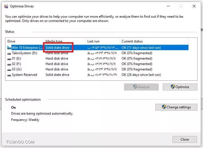 سلام دوست عزیز
اگه ابزار Defragment and Optimize drives خود ویندوز رو باز کنید اونجا درایوی که SSD هست رو مشخص می کنه
||https://tosinso.com/files/get/feabcc71-3ece-4fd0-9f69-f7f1d701add2||
منظورتون از مدیریت کردن درایو چیه؟
مدیریت درایوها تو ویندوز توسط ابزار diskmgmt یا Disk Management انجام میشه
نحوه دسترسی بهش هم: کلید های Win + R رو فشار بدید تو پنجره ای که باز میشه بنویسید diskmgmt.msc و اینتر رو بزنید