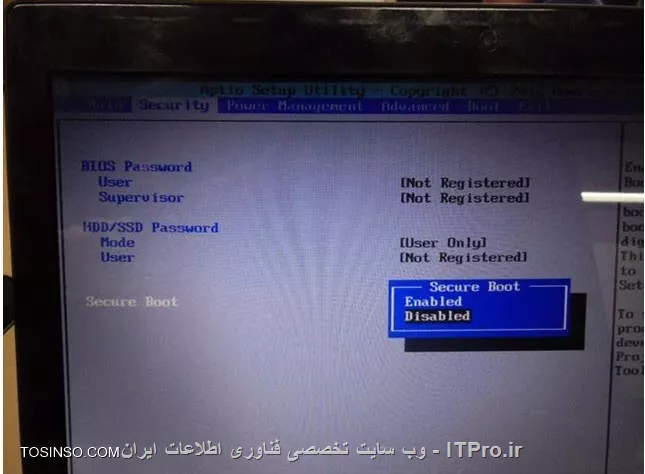 با آموزشی دیگر از سری دوره های مایکروسافت در خدمت دوستان و عزیزان هستم.Secure Boot نام قابلیتی جدید در مادربوردهای مجهز به تکنولوژی UEFI می باشد، که همزمان با روشن شدن کامپیوتر وارد عمل گردیده و تا بوت شدن کامل ویندوز، فایل های اصلی بوت سیستم عامل را توسط الگوریتم های امنیتی خاص قفل و از این روی از آلوده شدن احتمالی سیستم عامل توسط ویروس ها و بدافزارهایی که در فرایند بوت شدن ممکن است ویندوز را آلوده کنند جلوگیری می نماید. 

در واقع این قابلیت با روشن شدن سیستم، از این که هسته ویندوز (Kernel)، توسط ویروس هایی که به هنگام بوت شدن وارد عمل می گردند و آن را آلوده می سازند جلوگیری کرده و از این روی سطح امنیتی سیستم عامل را نیز بالاتر خواهد برد. این ویژگی امنیتی به خصوص در مورد کامپیوترهایی که حاوی اطلاعات مهم و حیاتی هستند، می تواند بسیار مفید باشد. گفتنی ست که کارشناسان امنیت بر این باورند که این قابلیت در نوع خود نقطه عطفی برای سیستم عامل های مایکروسافت به حساب می آید.

ضمن این که این نکته را نیز بایستی مد نظر داشت که با فعال کردن این قابلیت بر روی کامپیوتر، افراد از آن پس به جز ویندوزهای 8  و 10 دیگر قادر به نصب هیچ سیستم عاملی (لینوکس، مک، ویندوز 7، ویستا، ایکس پی و ...) نخواهند بود. پس اگر بخواهیم از Secure Boot استفاده کنیم، لازم است تا پیش از هر گونه اقدامی از این که نسخه های گوناگون سیستم عامل های دیگر هم چون لینوکس و مک قابلیت پشتیبانی از آن را دارند مطمئن گردیم و یا کلا از نصب آن ها صرف نظر نماییم. برای فعال کردن و استفاده از این قابلیت، می توان به دو طریق عمل کرد:

!! 1. از طریق بایوس
بدین صورت که همزمان با روشن شدن کامپیوتر با زدن کلید Del (یا دیگر کلیدهای تعبیه شده برای ورود به بایوس) وارد تنظیمات بایوس شویم و گزینه مرتبط با Secure Boot را فعال یا غیر فعال نماییم. در زیر می توانید چند مثال از مدل های گوناگون بایوس و این که چگونه این قابلیت بر روی آن ها فعال شده است را ببینید:
<center>
||http://tosinso.com/files/get/593d4290-eb7f-4f63-b13c-6c17232a0b75||
||http://tosinso.com/files/get/1c739074-fa8a-427d-bcfa-3f1ac722fb43||
||http://tosinso.com/files/get/feec4980-f8a8-48dc-be32-cac3e4e14a2d||
||http://tosinso.com/files/get/e80e15a1-364e-48f6-af9d-976233a5c81d||
||http://tosinso.com/files/get/befa4d17-9076-48e2-85cb-768520ccef33||
||http://tosinso.com/files/get/dd32db39-08d8-4d5b-9b99-50a02be63fa0||
<center>

!! 2. از طریق ویندوز 8
برای فعال سازی این قابلیت از طریق ویندوز 8، مراحل را دنبال نمایید:
وارد منوی استارت شوید و عبارت PC Settings را تایپ کرده تا وارد صفحه مربوطه گردیم
<center>
||http://tosinso.com/files/get/4c34d8e4-bbc3-4a4b-9fbc-71e9375dc190||
<center>
سپس با کلیک بر روی Update and Recovery مراحل را ادامه می دهیم
<center>
||http://tosinso.com/files/get/506eb014-361b-45f4-93b9-b7c4ad27fd79||
<center>
در قسمت بعد و پس از ورود به بخش Update and Recovery بر روی Restart Now کلیک می کنیم تا کامپیوتر ریستارت گردد
<center>
||http://tosinso.com/files/get/276f9a32-7b02-45ab-956f-7e8e8399fd5b||
<center>
پس از انجام مراحل بالا، کامپیوترمان ریستارت خواهد شد، و آن گونه که در زیر نیز مشاهده می نمایید ویندوز این بار به جای بوت شدن، به ما صفحه دیگری نمایش خواهد داد، که ما نیز با انتخاب گزینه Troubleshoot مراحل را ادامه می دهیم.  (تصویر زیر)
<center>
||http://tosinso.com/files/get/551dd57f-d8b6-4266-971e-3cdbfec52de5||
<center>
و در صفحه بعد، با انتخاب گزینه Advanced Options مراحل را ادامه خواهیم داد(تصویر زیر)
<center>
||http://tosinso.com/files/get/188af15f-b8f4-45da-939b-98b64b2caf6f||
<center>
سپس و در صفحه بعدی گزینه UEFI Firmware Settings را انتخاب می کنیم (تصویر زیر). دقت داشته باشید در صورتی که این گزینه در این صفحه برای شما وجود نداشته باشد، ممکن است قادر به فعال کردن Secure Boot از این طریق نباشید، و لذا پیشنهاد می شود تا آن را به وسیله بایوس فعال کنید.
<center>
||http://tosinso.com/files/get/40cbaf34-629d-4c0a-8d3e-fc27a896a433||
<center>
در نهایت پس از انتخاب گزینه بالا، برای ما صفحه بعد (تصویر زیر)، نمایش داده خواهد شد که با کلیک بر روی Restart قابلیت Secure Boot فعال شده و کامپیوتر در نهایت ریستارت خواهد گردید.
<center>
||http://tosinso.com/files/get/35f31aab-0b4d-48c9-93aa-ee80134ab154||
<center>
تمااااااااااااااااااام!
به همین راحتی!
حال که Secure Boot برایمان فعال شده، از این پس هر بار با روشن شدن کامپیوتر و شروع عملیات بوت، تمامی مراحل از ابتدا تا انتها و پیش از ورود به ویندوز، توسط الگوریتم های امنیتی خاص بررسی گشته و ایمن سازی می شوند، که همین امر موجب می گردد تا ویروس هایی که همراه با بوت شدن ویندوز شروع به کار می کنند دیگر نتوانند وارد عمل شده و از این روی گام مهمی در برقراری امنیت سیستم برداشته خواهد شد.ضمن این که این نکته را مجددا نیز تکرار می کنم: حال که این قابلیت بر روی سیستم تان فعال شده، در نتیجه دیگر به شما اجازه نصب هیچ سیستم عاملی به جز ویندوز 8 و 10 داده نخواهد شد و یا با ایرادات فراوان در نصب مواجه می گردید.
<left>
شاد و پیروز
<left>

نویسنده : اسحاق احمدپور
منبع :| جزیره سرویس های شبکه مایکروسافت وب سایت توسینسو::https://tosinso.com/microsoft|
هرگونه نشر و کپی برداری بدون ذکر منبع و نام نویسنده دارای اشکال اخلاقی است