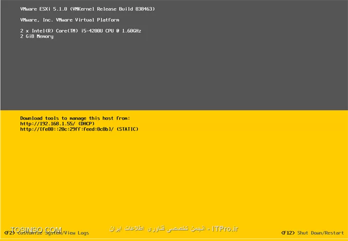 مفهوم Hypervisor ، مفهومی است که قطعا به گوش شما خورده است . این مفهوم در دنیای مجازی سازی به کار می رود . در این آموزش به معرفی Hypervisor و انواع آن پرداخته شده است و در ادامه نحوه ی نصب و پیاده سازی ESXi 5.1 خدمت شما دوستان نیز ارائه می گردد .Hypervisor که به آن Virtual Machin Manager نیز گفته می شود ، برنامه ای است که امکان نصب و پیاده سازی چندین سیستم عامل را بر روی یک بستر سخت افزاری واحد و مشترک را می دهد . در حالت کلی تا به امروز این قابلیت به دو طریق امکانپذیر می باشد یا به عبارتی انواع Hypervisor به صورت زیر می باشد :

* 	Bare-metal Virtualization Hypervisors
* 	Hosted Virtualization Hypervisors

*Bare-metal Virtualization Hypervisors*

در این حالت ساختار و نرم افزار مجازی سازی جهت نصب و اجرا بر روی یک سخت افزار خام پیده سازی می شود و Hypervisor به صورت مستقیم به منابع سخت افزاری دسترسی دارد که در نتیجه این Performance ، Scalability و Stability  نیز افزایش پیدا می کند. اما خوب یکی از محدودیت هایی که در این مورد به چشم می خورد این است که پشتیبانی انواع مختلف سخت افزارها در این حالت دارای محدودیت می باشد و شما برای پیاده سازی این حالت باید بسترهای سخت افزاری که مجاز هستند را داشته باشید . از انواع Hypervisor های این حالت می توان به سیستم عامل ESX  و ESXi اشاره کرد . این سیستم عامل بدون نیاز به سیستم عامل واسط دیگری ، به طور مستقیم بر روی سخت افزار نصب می شود و شما را قادر به پیاده سازی بستر سخت افزاری در شبکه خود می کند . از ورژن های مختلف این سیستم عامل امروزه در محیط های مجازی سازی در ایران نیز استفاده شده است . انواع دیگر این Hypervisor عبارت است از :

* 	VMware ESX and ESXi
* Microsoft Hyper-V
* Citrix Systems XenServer

*Hosted Virtualization Hypervisors*

برخلاف bare-metal virtualization hypervisor ، در حالت hosted virtualization hypervisor ، شما جهت پیاده سازی ساختار مجازی سازی خود لازم است ابتدا بر روی سخت افزار خود سیستم عاملی را نصب و سپس بر روی آن سیستم عامل میزبان اقدام به نصب و پیاده سازی Hypervisor خود نمایید . این نوع از Hypervisor درواقع شبیه به نصب برنامه های کاربردی بر روی سیستم عامل است . دراین حالت شما دیگر محدودیت پشتیبانی از سخت افزارهای بخصوص را نخواهید داشت و تنها لازم است CPU ای که در بستر سخت افزاری خود دارید قابلیت VTI (Virtualization Technology Intel  ) یا همان قابلیت پشتیبانی از مجازی سازی را داشته باشد . انواع Hypervisor هایی که در این حالت در حال حاضر مورد استفاده قرار می گیرند عبارتند از :

* VMware Workstation, Server, Player and Fusion
* 	Oracle VM VirtualBox
* 	Microsoft Virtual PC
* 	Parallels Desktop

با نگاهی که بر انواع Hypervisor داشتیم ، حال می خواهیم در مورد ESXi که در دسته Bare-metal Hypervisor ها قرار دارد و به صورت مستقیم بر روی سخت افزار نصب می شود ، صحبت کنیم .سیستم عامل ESX و ESXi توسط شرکت VMware ارائه شده است . 
||http://tosinso.com/files/get/8f3bffde-6d75-4cf4-95bb-568800d347b8||
 
همانطور که در تصویر فوق مشاهده کردید ، ورژن شماره 1 این سیستم عامل در سال 2001 ارائه گردیده است و آخرین ورژن آن ESXi 6 می باشد که در سال 2015 به عنوان آخرین ورژن ESxi توسط VMware ارائه گردیده است . 

بستر سخت افزاری مورد نیاز جهت نصب ESXi ، متناسب با ورژن های ESXi ، متفاوت است . |در این سایت::http://kb.vmware.com/selfservice/microsites/search.do?language=en_US&cmd=displayKC&externalId=1003661| شما می توانید حداقل سخت افزارها مورد نیاز جهت نصب ورژن های مختلف ESXi ها را مشاهده کنید . به علاوه در صورتی که تمایل داشتید بدانید آیا می توانید از سرورهای موجود خود به عنوان بستر سخت افزاری ESXi استفاده کنید یا خیر ، می توانید به |VMware Compatibility Guide::http://www.vmware.com/resources/compatibility/search.php| مراجعه کرده و نام و مشخصات سرور خود را وارد و سپس نتیجه را دریافت کنید .

*آموزش نصب Vmware ESXi 5.1 *

پس از بررسی و آماده سازی بستر سخت افزاری مورد نیاز با مراحل زیر مواجه خواهید شد :

گزینه ESXI 5.1.0 را انتخاب و سپس Enter کنید .

 ||http://tosinso.com/files/get/40061e20-87a0-4cbe-a3e5-c5c5a196fa18||
||http://tosinso.com/files/get/219d1aee-0e9a-4bb4-9189-680fa1e1f96a||
||http://tosinso.com/files/get/a2ea3db3-7c3b-48b8-bcbf-3e8e4bb31dbe||
||http://tosinso.com/files/get/7b96c1b9-80c1-466d-8549-2d0453b30c47||

سپس کلید F11 را بزنید :

||http://tosinso.com/files/get/375f7a59-0f7f-4e86-b572-2662d53403ab||
 
در این مرحله حداقل هارد اختصاصی را تایید می کنید :

||http://tosinso.com/files/get/4b9c4e84-4d53-499d-8d09-7e288086b64f||
 
در این مرحله زبان مورد نظر را انتخاب کنید :

||http://tosinso.com/files/get/a1b833b6-131e-4090-9cf9-8b64ef77b0f0||
 
پسورد دلخواه را برای ورود به ESXi در این مرحله وارد می کنید :
 
 ||http://tosinso.com/files/get/4e5febc1-1308-41ea-9761-cd0dad560a13||
||http://tosinso.com/files/get/5a5b1cd5-be61-4117-a25f-65d22568f383||

در نهایت جهت نصب کلید F11 را فشار دهید :
 
||http://tosinso.com/files/get/36a31d7b-29c1-4665-b281-decef7f030a2||
||http://tosinso.com/files/get/3e3ef914-ed4e-46eb-a80e-1ed3613b965d|| 

و در انتهای نصب ، سیستم را ریبوت کنید :
 
||http://tosinso.com/files/get/ddcb216a-8e23-403e-8233-647720f49baa||
||http://tosinso.com/files/get/92fc973b-dc79-480a-b02d-42871fa9dff7||
||http://tosinso.com/files/get/fef7e0f7-ee76-4aa4-8511-225e89fb46b9|| 
 
ESXi  شما به موفقیت نصب گردید . حال جهت ورود به تنظیمات آن همانطور که در انتهای صفحه مشاهده می کنید ، کلید F2 را فشار دهید و سپس رمز ورود را وارد نمایید  :
 
||http://tosinso.com/files/get/5ee7a5c3-c159-4ea4-b132-cc1d99b6f895||
||http://tosinso.com/files/get/11352936-1cce-46a6-89c5-13b86d544ff2|| 

لازم به ذکر است آموزش نصب و پیاده سازی ESXi 5.5  نیز به صورت فوق می باشد . در قسمتهای بعدی به چگونگی نصب و پیاده سازی ماشین های مجازی در این بستر پرداخته خواهد شد .

موفق و سربلند باشید 

نویسنده : فاطمه قرباوی
منبع : |جزیره مجازی سازی وب سایت توسینسو::https://tosinso.com/virtualization|
هرگونه نشر و کپی برداری بدون ذکر منبع و نام نویسنده دارای اشکال اخلاقی می باشد .