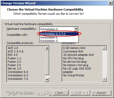 جهت تغییر ورژن ماشین های مجازی تصاویر زیر را مشاهده کنید
||http://virtualization.tosinso.com/files/get/1e631431-fe69-427c-95d9-fec7ebee7b76||
||http://virtualization.tosinso.com/files/get/9da9cf0c-4542-4ec5-bdbc-d7131bbb3612||
||http://virtualization.tosinso.com/files/get/ffb302a1-8ceb-40c3-aa25-afdf57c1cafd||
||http://virtualization.tosinso.com/files/get/b1e22ed4-a6e9-468c-8593-f893eb37214c||
||http://virtualization.tosinso.com/files/get/53fe8010-013e-4d88-bb05-585fca9692fd||
اگر میخواهید که ماشینی مجازی از روی ماشین مجازی مورد نظر ایجاد نمایید و همچنین ماشین مجازی ایجاد شده به آخرین ورژن تغییر یابد، گزینه اول را انتخاب نمایید. اما اگر چنانچه مایلید ماشین مجازی مورد نظر خود به آخرین نسخه ارتقاء یابد، گزینه دوم را انتخاب نمایید که در ادامه ما گزینه دوم را انتخاب میکنیم.
||http://virtualization.tosinso.com/files/get/4bfc17b9-38a5-4278-a585-02c9817263f6||
||http://virtualization.tosinso.com/files/get/0c5934e5-b654-4725-8fae-c9981f42f9a4||