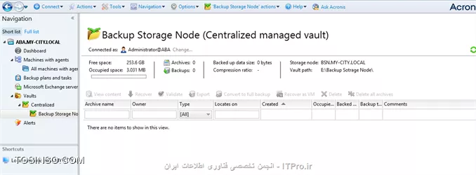 Backup Storage node چیست؟؟؟ یک سرور مرکزی می باشد که مدیریت Vaults ها که بر روی Resourceهای مختلفی پیاده سازی شده است را بر عهده میگیرد وبرای سازمانهای enterprise با داده های وسیع طراحی شده و قابلیتهای بیشتری نسبت به روشهای قبلی برای ما فراهم میکند.یکی از عملکردهای مهم Backup storage node قابلیت deduplication می باشد که اطلاعات مساوی یا یک نوع یا به اصطلاح دیگر یک جور را یک بار در این استورج ذخیره می کند که باعث بهیه سازی پهنای باند و فضای ذخیره سازی می شود.*Vaults Path های که برای Backup storage node استفاده می شود:*
||http://tosinso.com/files/get/7f4364d4-260a-4be1-9150-a4634a013034||

وقتی شما Backupی را بصورت Unmanaged ایجاد کنید تهیه ، نگهداری و  Cleanup دیسک بر عهده خود Agent می باشد که باعث مصرف بیهوده CPU و پهنای باند می شود ولی اگر این وظیفه را بر عهده Backup Storage Node واگذار کنید همه این Taskها در یک جای متمرکز توسط BSN انجام می شود. شما فرض کنید یک Backup Plane را بصورت Schedule بر روی یک Managed machine  ایجاد کرده اید بعد از مدتی پروسه Cleanup برای کاهش حجم هارد دیسک وارد عمل شود و اگر آن زمان آن Managed machine خاموش باشد چه اتفاقاتی در سازمان (بصورت وسیع این پروسه بر روی چندین سرور یا کلاینت تکرار شود) می افتد؟؟؟؟ 
بخاطر همین امر Acronis بدشدت توصیه می کند از BSN استفاده کنید.
استفاده از Managed vault (BSN) دو مزیت دارد:
•	Deduplication
•	Encryption
قابلیت اول را اول این فایل آموزشی بصورت مختصر توضیح دادم و ادامه به مکانیزم این روش بصورت مفصل می پردازیم. ولی قابلیت Encryption باعث رمزگذاری شدن اطلاعات ذخیره شده در Managed vault می شود تا افراد غیر مجاز به اطلاعات حساس سازمان دسترسی نداشته باشند.
! Getting Started with Backup Storage Node
--
پیشنیازهای استفاده از BSN:
•	Management Server
•	Management Console
•	Acronis Backup Advanced file setup
•	سیستم عاملهای وسخت افزارهای مناسب برای نصب این سرویس که در قسمت اول همین اموزش بصورت کامل ذکر گردید.
من برای اینکار یک Win server 2012 R2 نصب و آن را جوین به دومین کردم و و یک RAID-5 برای ذخیره کرده اطلاعات ایجاد کردم و قصد نصب این سرویس را دارم:
برای اینکار فایل Setup برنامه را اجرا می کنم مراحل مربوطه را Next و به صفحه زیر می رسیم که گذینه :
||http://tosinso.com/files/get/f5ac6392-badc-4d67-902e-19de9067f57b||
را انتخاب و Next
||http://tosinso.com/files/get/83a72d8f-9aab-41e7-a872-2c6a37a773ef||
اجزای بالا بصورت پیش فرض انتخاب می شوند. اگر قصد Backup گرفتن از اطلاعات سرور بالا را دارید Agent for Windows  را هم تیک بزنید.
||http://tosinso.com/files/get/aa163233-c311-4812-b1e0-fa716175c397||
یک Account برای اجرای سرویسهای Agent for Windows and Backup Storage node ایجاد یا انتخاب کنید.
نکته: این Account باید عضو دو گروه  Backup Operators and Administrators باشد.
||http://tosinso.com/files/get/6700cc90-6ab7-44bf-bc2c-70953c8dab30||
از شما می خواد که BSN را عضو Management Server کنید. برای اینکار User and pass ی که مجوز اینکار را بر روی Management Server را دارد وارد کنید.
||http://tosinso.com/files/get/31515b92-d69e-470a-9866-8539b2a1847c||
کادر بالا را هم قبلا توضیح دادم. قسمت اول همین اموزش را بخوانید.
در آخر هم Install و Finish
در آخر باید یک Vault به روش Managed در Management Server ایجاد کنید و BSN را معرفی کنید. برای اینکار به ABA وصل و به قسمت Vaults بروید و یک Vault بصورت Centralized ایجاد کنید
||http://tosinso.com/files/get/55ca68a0-7256-4c50-a698-d38ec88d2c46||
گذینه Createرا کلیک کنید
||http://tosinso.com/files/get/e05ecd12-c89c-4b66-9ec8-87da886487c6||
# یک اسم برای این استورج بنویسید.
# توضیحات.
# نوع آن.که باید Managed باشد.
# سرور BSN را انتخاب میکنید.
# فعال و غیرفعال کردن قابلیت Deduplication
# فعال کردن قابلیت Encryption. در ضورت فعال یک string value به آن دهید. که طبق این کد داده ها را رمزگذاری کند.
# مسیر ذخیره سازی اطلاعات.که طبق سناریو بر روی Local Disksهای BSN که بصورت RAID-5 ایجاد شده.
# مسیر دیتابیس Catalog. این دیتابیس شامل اطلاعات catalog index می باشد.
# این قابلیت را بعدا توضیح می دهم.
# Userهای که مجوز مدیریتی بر روی این استورج داشته باشند را انتخاب میکنیم. و همچنین Userهای که بتوانند داده های خود را مدیریت کنند. 
در آخر OK کنید.
||http://tosinso.com/files/get/fffb714b-1c9c-4048-9fdc-ee45b5e1a8ae||
شما همچنین می توانید این سرور را از طریق Storage Node مدیریت کنید:
||http://tosinso.com/files/get/45e6f622-22c0-47fe-8cc5-0ebbd5e6234f||
! Deduplication
--
این قابلیت باعث عدم ذخیره فایلهای تکرای بر روی BSN می شود. این فناوری باعث صرفه جوی در فضای هارد دیسک بوسیله حذف فایلهای تکراری و بهیه سازی پهنای باند می شود، در هنگام Backup گیری اگر Agent متوجه شود که این فایل قبلا در BSN ذخیره شده است از بک آپ گیری آن فایل صرفه نظر می کند.
شما می توانید این قابلیت را بر روی Vaultهای Managed پیاده سازی کنید.  به Vaultی که Deduplication  می باشد deduplicating vault گفته می شود
اساس کار Deduplication  بصورت Block می باشد (یعنی فایلهای را بصورت بسته های به نام Block تقسیم بندی می کند) اگر شما backupی از نوع Disk-Level داشته باشید اطلاعات شما به blockهای 4 KB دسته بندی می شود و برای File-Level از 1 B تا 256 KB دسته بندی می کند. اگر فایلی بزرگتری از 256 KB باشد فایل را به قسمت های 256 KB تقسیم می کند.
Acronis به دو صورت deduplication را انجام می دهد:
<ltr>
•	Deduplication at source
•	Deduplication at target
<ltr>

  Deduplication at source: این نوع بر روی Managed Machine انجام می شود. Agent با استفاده از BSN تعیین می کند چه اطلاعاتی را می تواند Deduplication کند تا مانع انتقال این اطلاعات شود.
Deduplication at target: این نوع بعد از Backup گیری کامل از ریسورس انجام می شود. BSN داده های بک آپ گرفته شده را آنلالیز می کند و داده های که Deduplication می شوند آنها را Deduplication میکند.
نکته: شما هنگام ایجاد Backup Plan Task می توانید تعیین کنید چه داده های را Deduplication کند.
! Deduplication database
--
Backup Storage Node این دیتابیس را ایجاد، تنظیم و نگهداری می کند. و همچنین دارای مقدار هش شده داده های Block شده ذخیره شده در این Vault می باشد به جزء اطلاعاتی که Deduplication نشده اند یا رمزگذاری شده اند.
Deduplication database در BSN ذخیره می شود.. و هنگام فعال کردن این قابلیت می توانید مسیر آن را مشخص کنید.

! How Deduplication works
--
# *Deduplication at source:* وقتی قراره داده های Backup گرفته شده به سوی یک Deduplication Database فرستاده بشه Agent اثر انگشت (hash value) داده های block را محاسبه می کند، بعد از محاسبه Agent یک Query سمت BSN ارسال میکند که آیا این مقدار Block قبلا در این Vault ذخیره شده یا نه؟؟؟ اگر قبلا ذخیره شده باشد Agent فقط مقدار hash شده را ارسال می کند و گرنه همان Block را ارسال می کند و BSN این داده را در یک temporary file ذخیره می کند. 
# *Deduplication at target:* وقتی مرحله Deduplication at source و Backup Plan به اتمام رسید BSN پروسه indexing activity را اجرا می کند. این پروسه اطلاعات را بصورت زیر Deduplication می کند:
•	برای محتویات temporary file مقدار هش را ایجاد می کند.
•	BSN مقدار هش و لینک بازسازی این Data Blockها را ایجاد و آنها را در فایلی به نام deduplication data store ذخیره می کند.
•	محتویات temporary file را حذف می کند.
در نتیجه بعد از Deduplication  فقط مقدار هش شده blockها ذخیره می شود و از ذخیره کرده Block ها تکراری جلوگیری می کند. هر مقدار هش وblockهای منحصر بفرد دارای چندین لینک Reference مربوطه به چندین Backup Plan Task می باشد که جهت بازسازی انها بکار می رود.
||Deduplication ::http://tosinso.com/files/get/2d65cc70-e055-4690-97c2-bf0316a76b4f||
در مواقعی که اطلاعات منحصر بفردی زیادی برای Backup گیری وجود داشت وBSN رم کافی نداشته باشد پروسه بک آپ fail می شود. 
نکته: حداقل RAMی که برای BSN توصیه شده 8 گیگ می باشد.
نکته: گاهی وقتا شما Backup Setهای را دستی یا در حین اجرای پروسه Cleanup پاک می شوند و blockهای باقی می مانند که به هیچ Backup setی تعلق نداشته باشد. این Blockها توسط  compacting task پاک می شوند. compacting task هر یکشنبه شب ساعت 3 اجرا می شود که شما می توانید این زمان بندی را بدلخوا تنظیم کنید.
||http://tosinso.com/files/get/1c91fb82-8469-4473-9e81-028f9c5750c1||
! Deduplication Limitation 
--
•	اگر Backupی بوسیله پسورد محافظت شده باشد. نمی توان آن را Deduplication کرد.
•	اگر cluster size or block size یک Volume بخش پذیری از 4 KB نباشد.
•	فایلهای رمز گذاری شده را نمی توان Deduplication کرد.
! Create Deduplication Database
--
برای ایجاد این دیتابیس در Managed vault کافیه گذینه زیر را فعال کنید و مسیر  Deduplication Database را مشخص کنید.
||http://tosinso.com/files/get/5dec2066-a3de-4ab7-bacc-840408ba01bd||
||http://tosinso.com/files/get/433f948c-2721-4f8b-97b4-64d530cc1fb6||
در آخر هم باید تذکر بدم که شما نمی توانید قابلیت Deduplication را بر روی سیستم عاملهای 32 bit پیاده سازی کنید. به هیچ وجه توصیه شده نسیت.
شما همچنین میتوانید قابلیت Deduplication را بر روی یکی از Volumeهای Windows Server 2012R2 پیاده سازی کنید.
<ltr>
Windows Server 2012 R2 Deduplication
<ltr>
<c#>
http://www.windowsnetworking.com/articles-tutorials/windows-server-2012/windows-server-2012-r2-deduplication.html
<c#>
در آموزش بعدی Acronis Secure Zone را آموزش میدهم.

موفق و پیروز باشید. 

نویسنده: احمد جهلولی 
منبع: |جزیره راهکارهای ذخیره سازی اطلاعات وب سایت توسینسو ::https://tosinso.com/virtualization|
نشر و کپی برداری، صرفاً با ذکر نام نویسنده و منبع مجاز می باشد. 